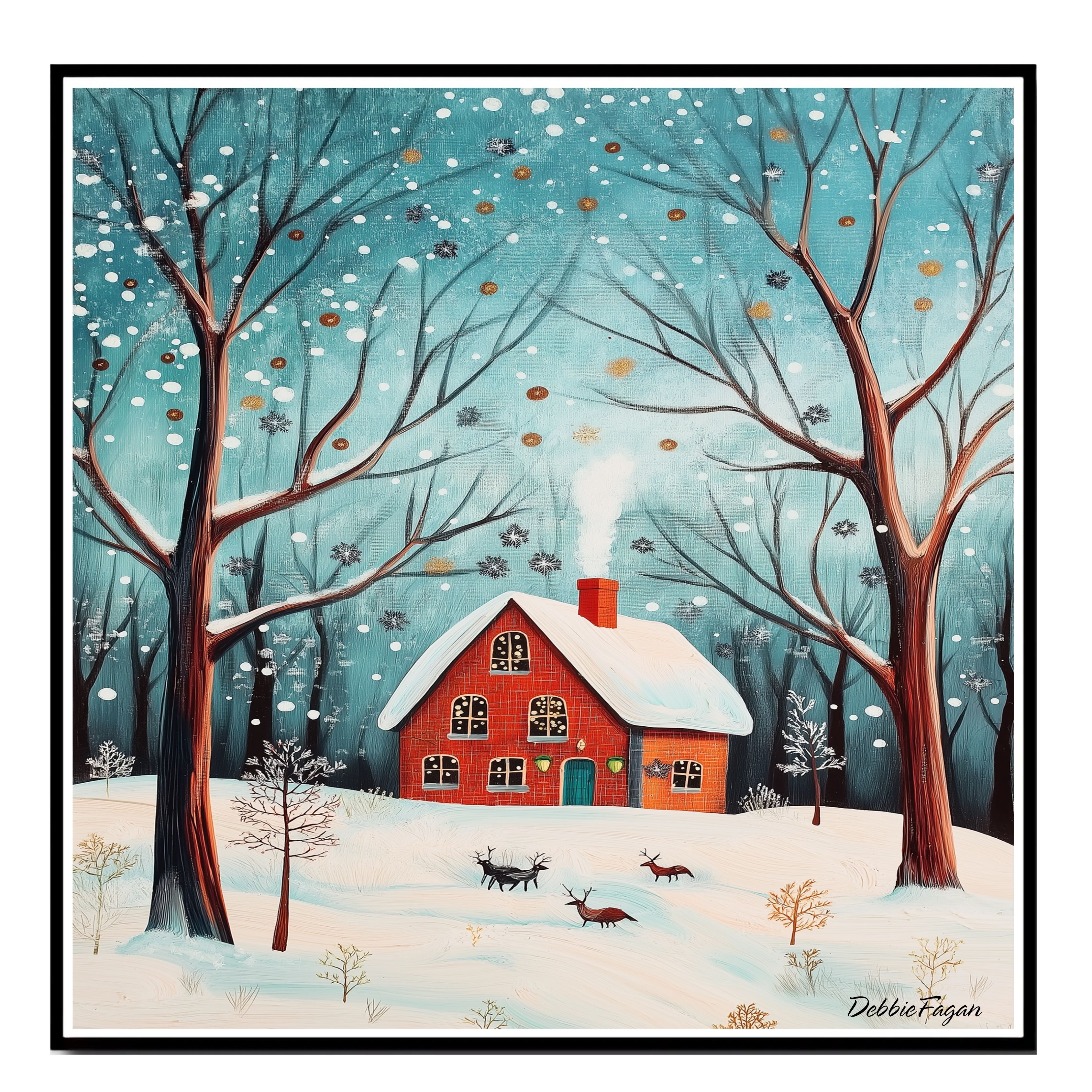 Christmas Red Brick House, Reindeer Flat Rolled, Framed or Wrapped Canvas