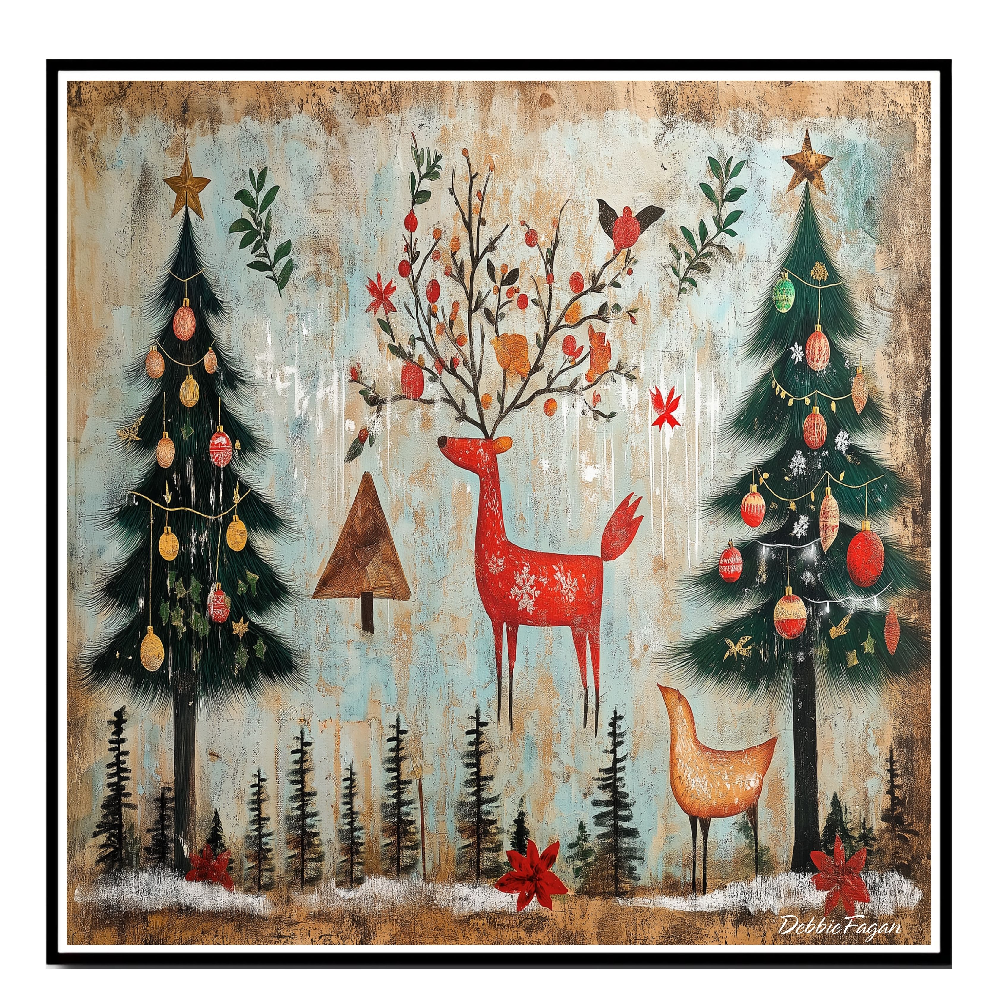 Rustic Christmas Art with Red Reindeer Flat Rolled, Framed or Wrapped Canvas