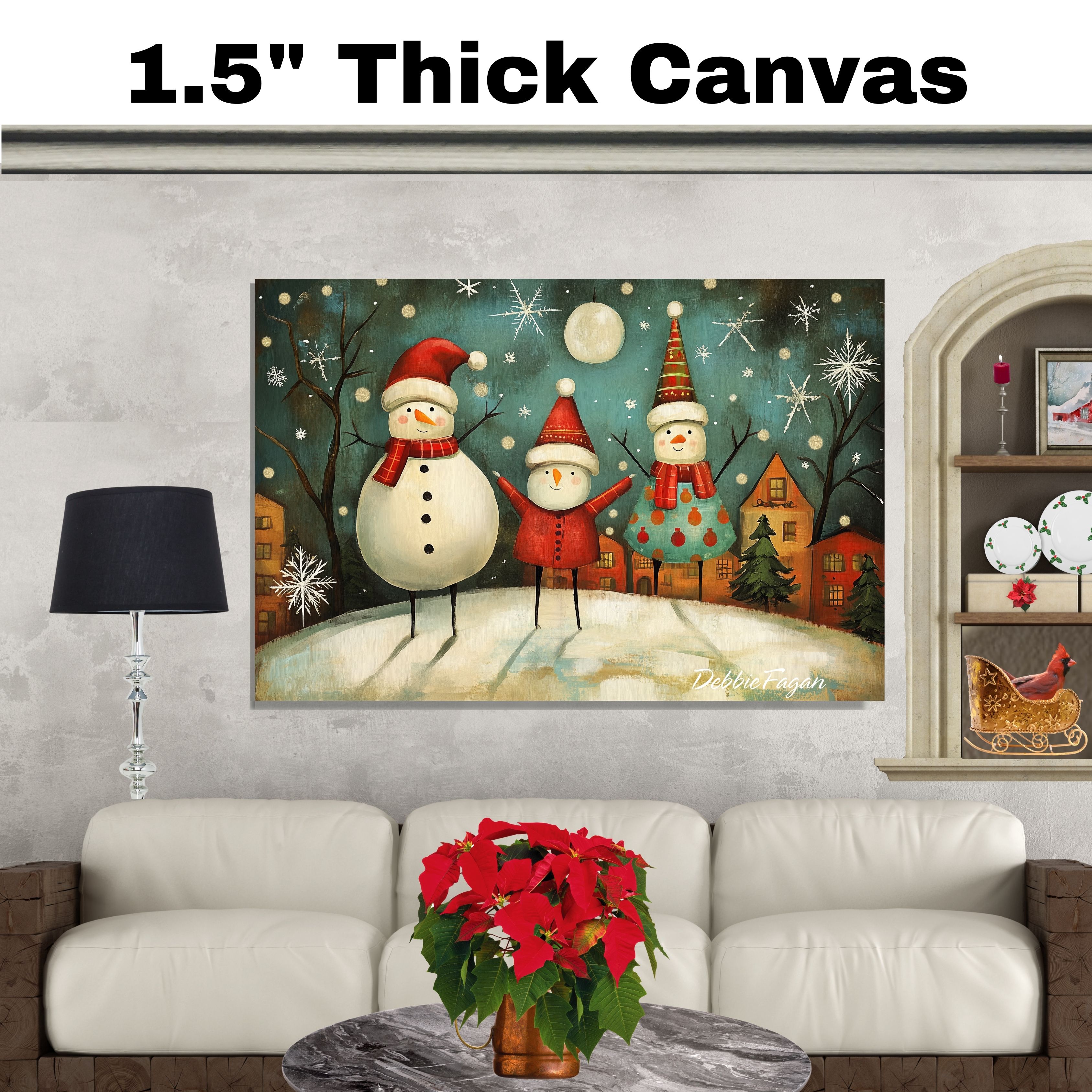 Christmas Folk Art Three Joyful Snowmen Flat Rolled, Framed or Wrapped Canvas - Picture 19 of 19