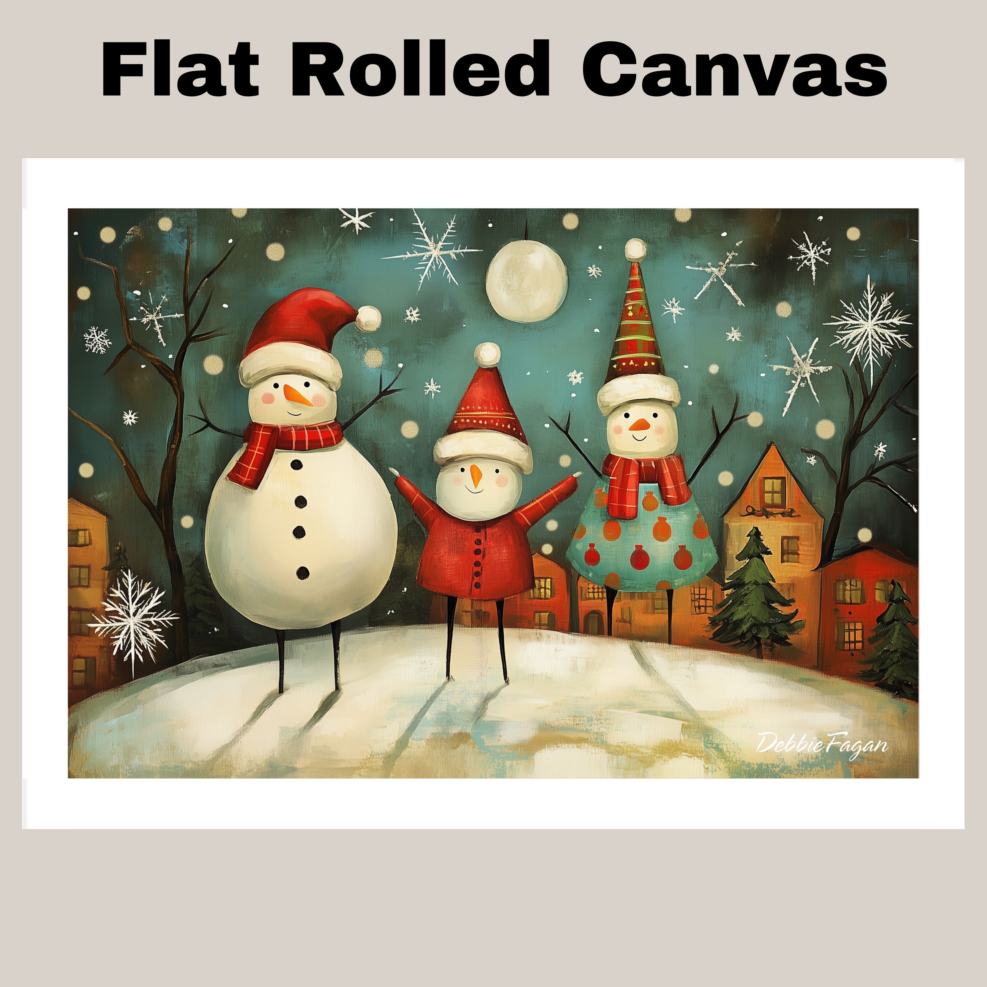 Christmas Folk Art Three Joyful Snowmen Flat Rolled, Framed or Wrapped Canvas - Picture 18 of 19