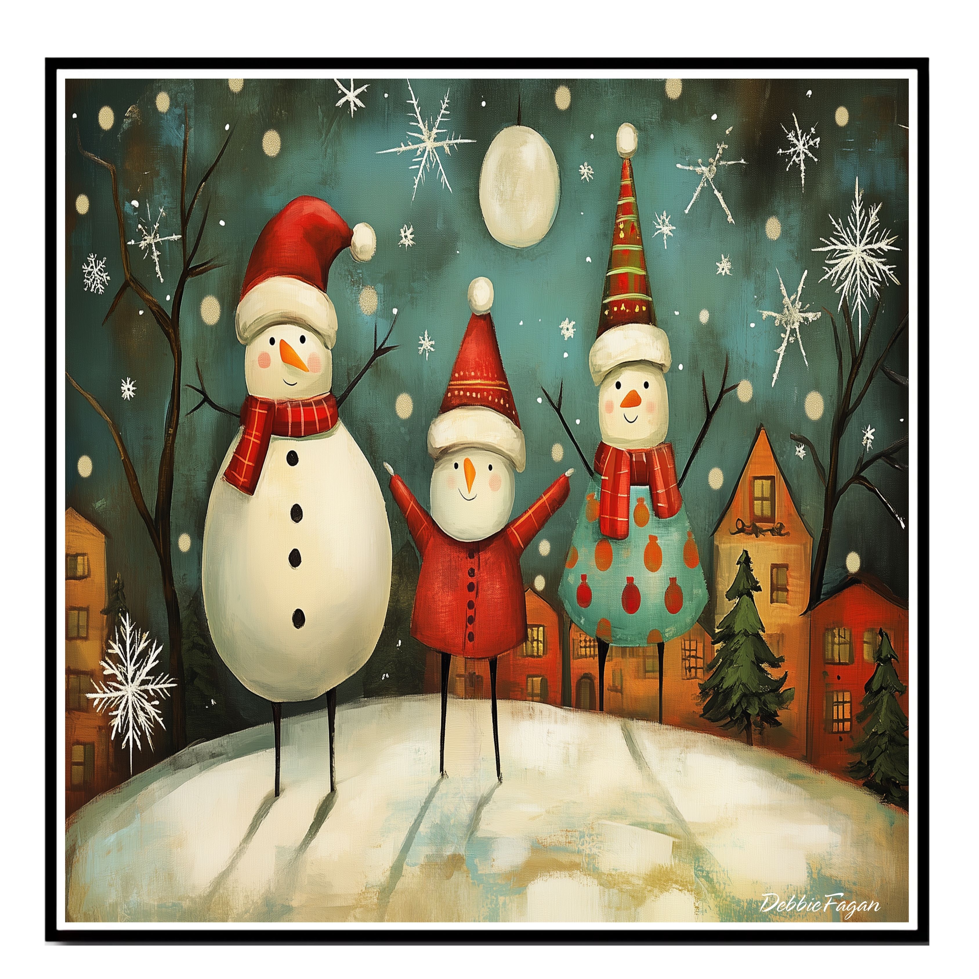 Christmas Folk Art Three Joyful Snowmen Flat Rolled, Framed or Wrapped Canvas - Picture 15 of 19