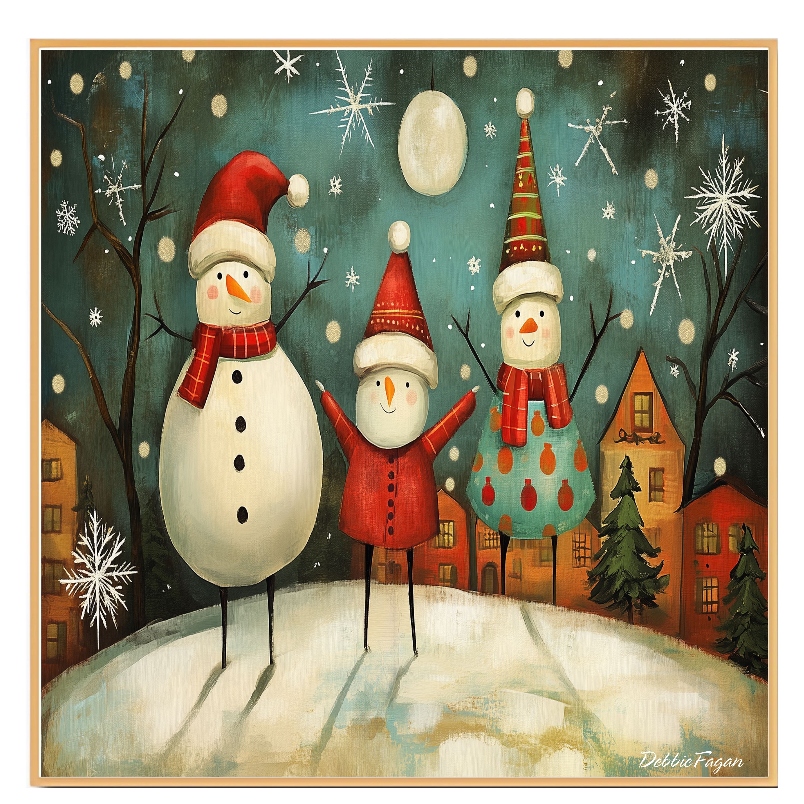 Christmas Folk Art Three Joyful Snowmen Flat Rolled, Framed or Wrapped Canvas - Picture 17 of 19
