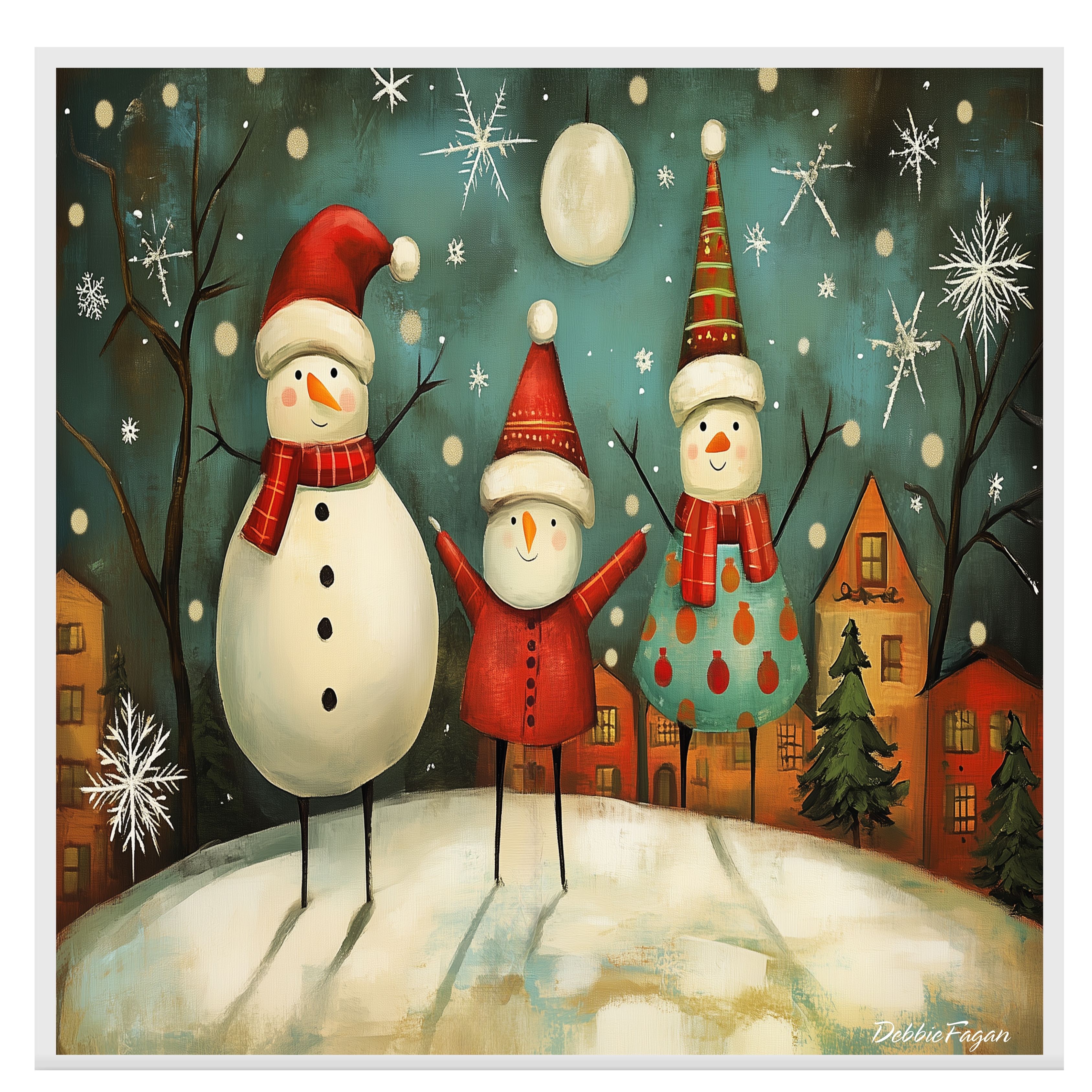 Christmas Folk Art Three Joyful Snowmen Flat Rolled, Framed or Wrapped Canvas - Picture 16 of 19
