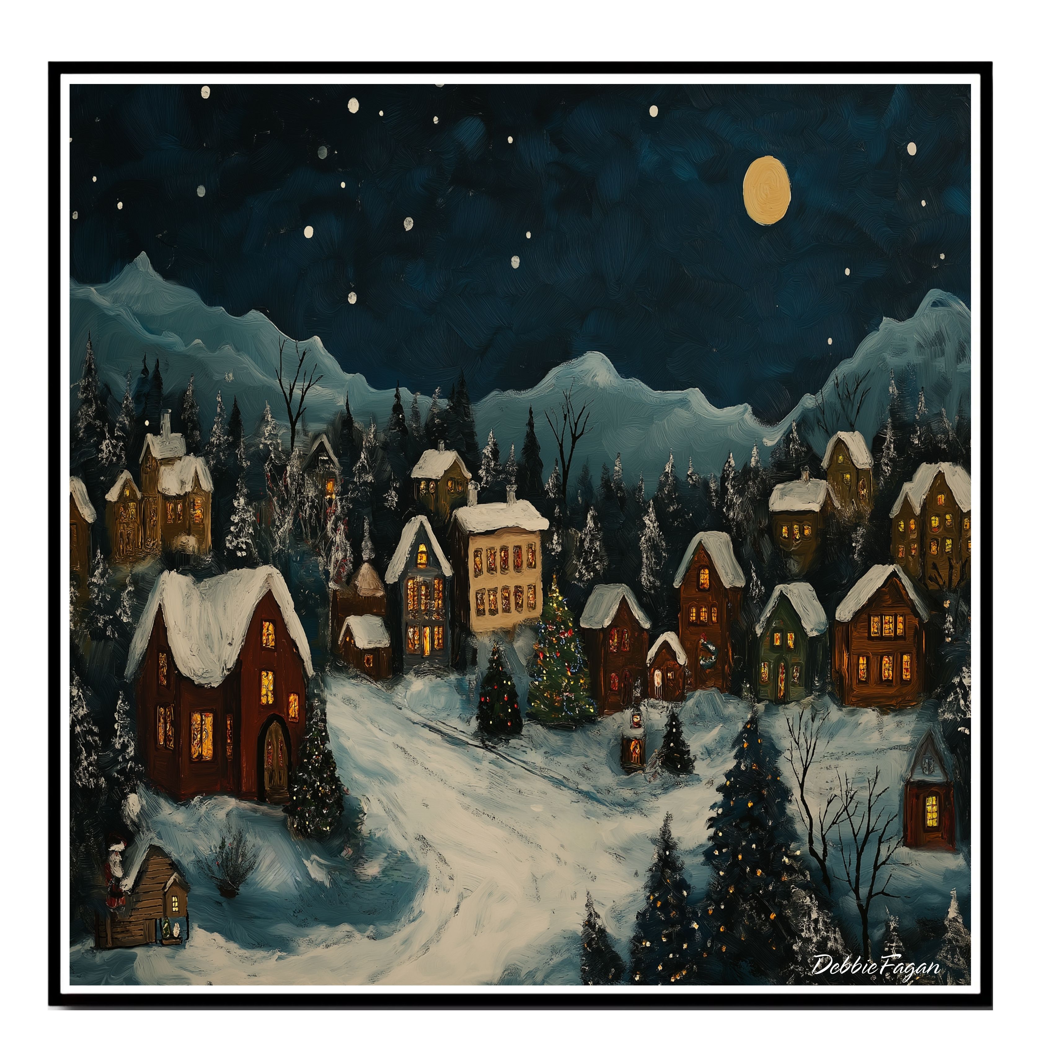 Christmas Art Lights and a Full Moon Flat Rolled, Framed or Wrapped Canvas