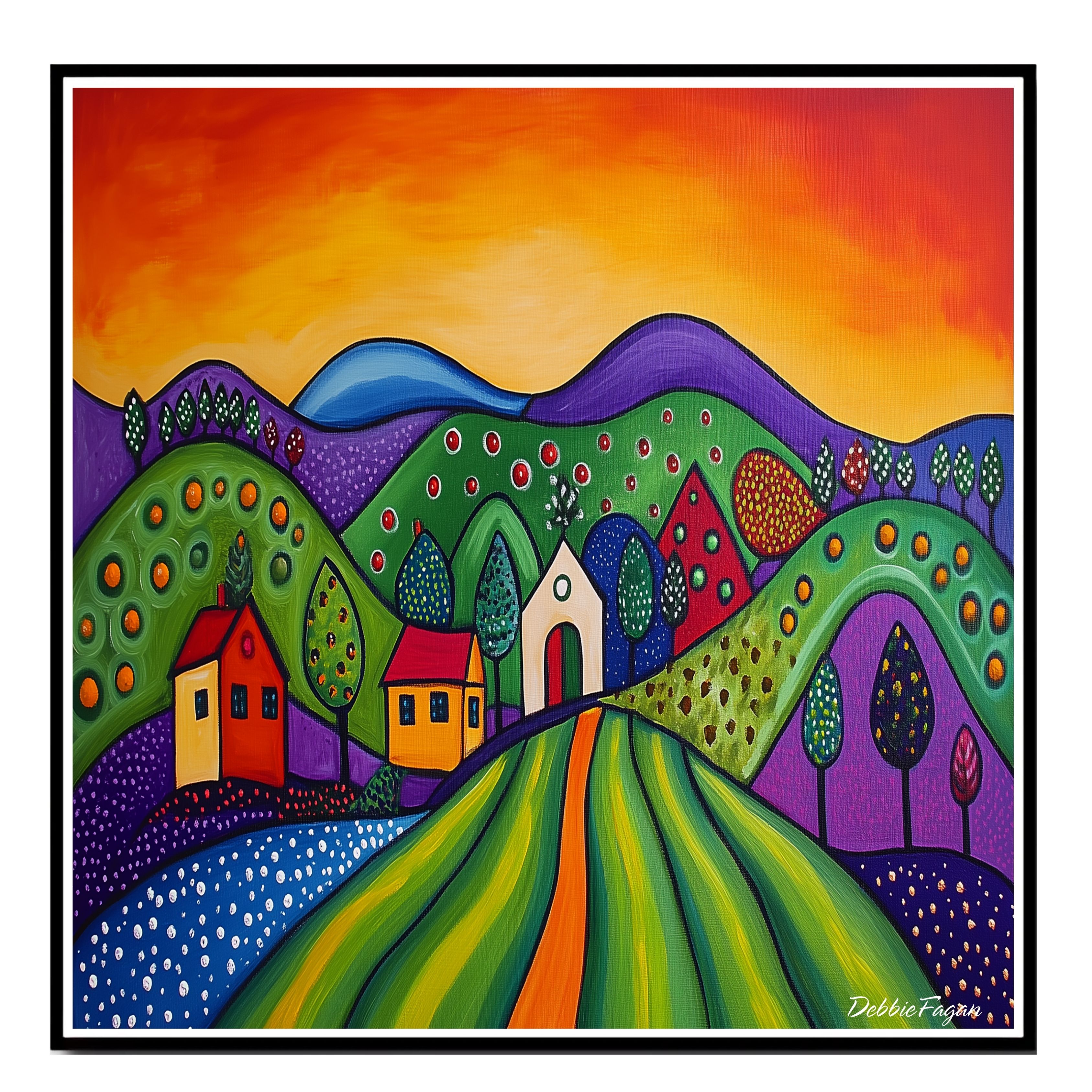 Christmas Hillside with Homes Folk Art Flat Rolled, Framed or Wrapped Canvas
