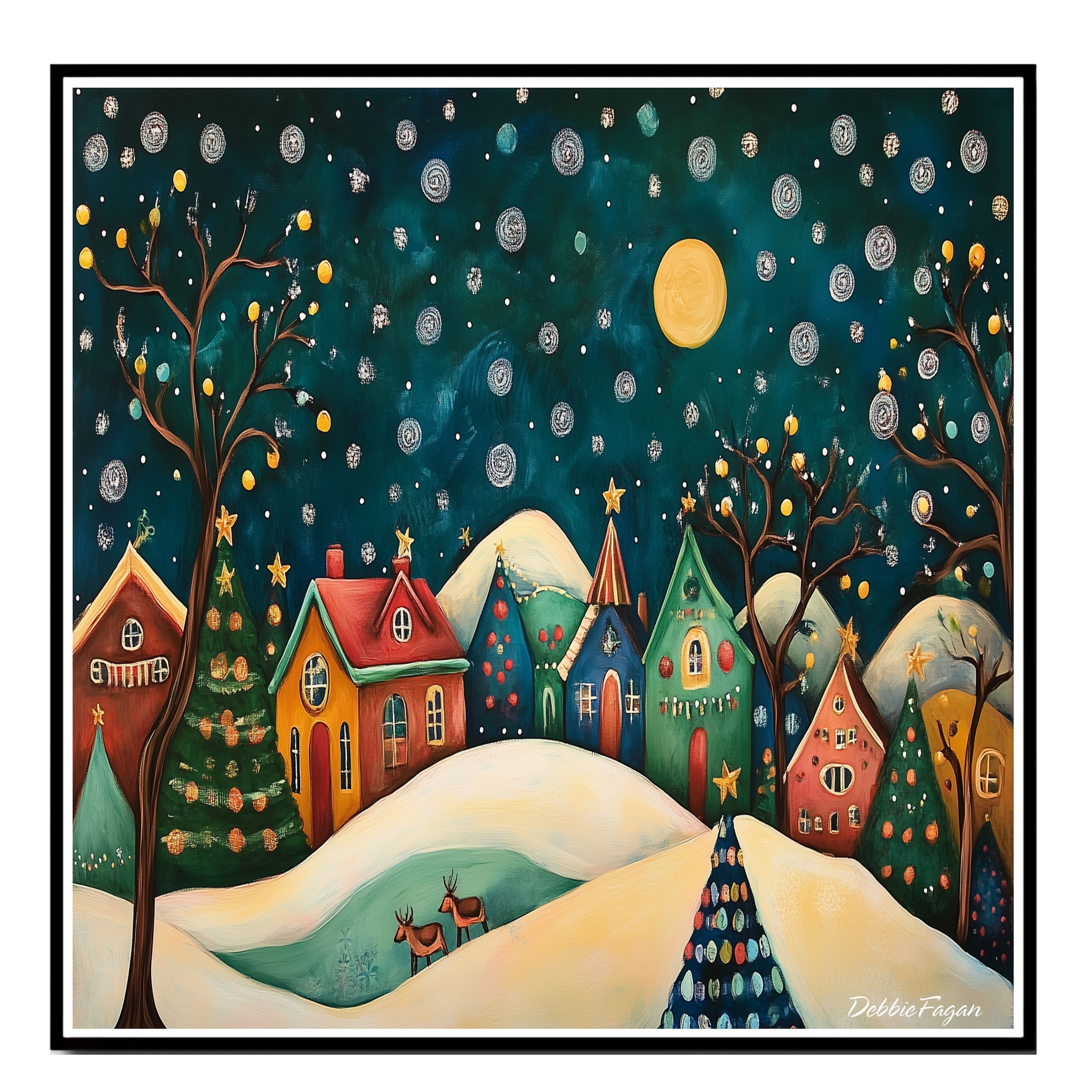 Christmas with Colorful House and Reindeer Flat Rolled, Framed or Wrapped Canvas