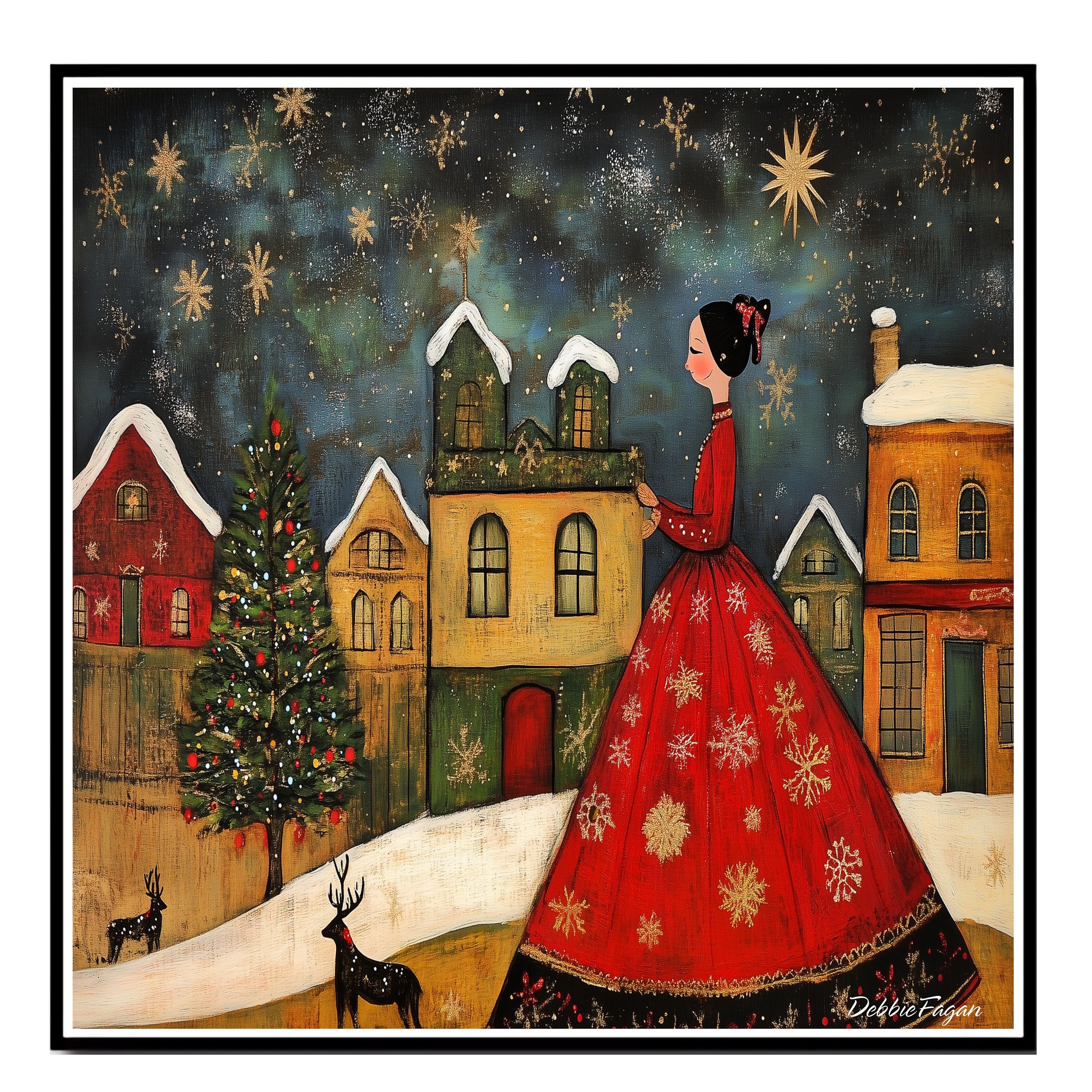 Christmas Art with Lady in Red Gown Flat Rolled, Framed or Wrapped Canvas