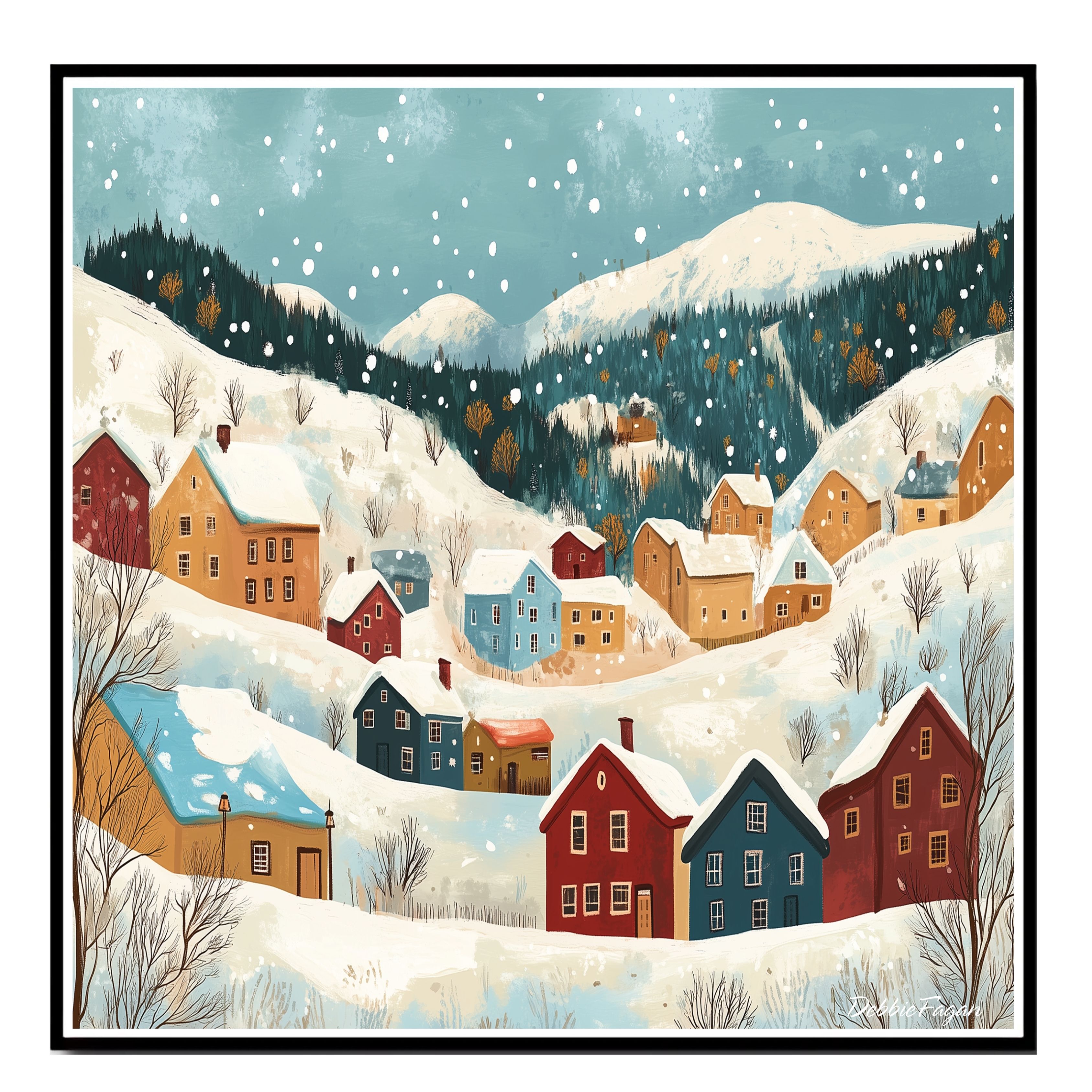 Folk Art Winter Village with Snowy Hills Flat Rolled, Framed or Wrapped Canvas