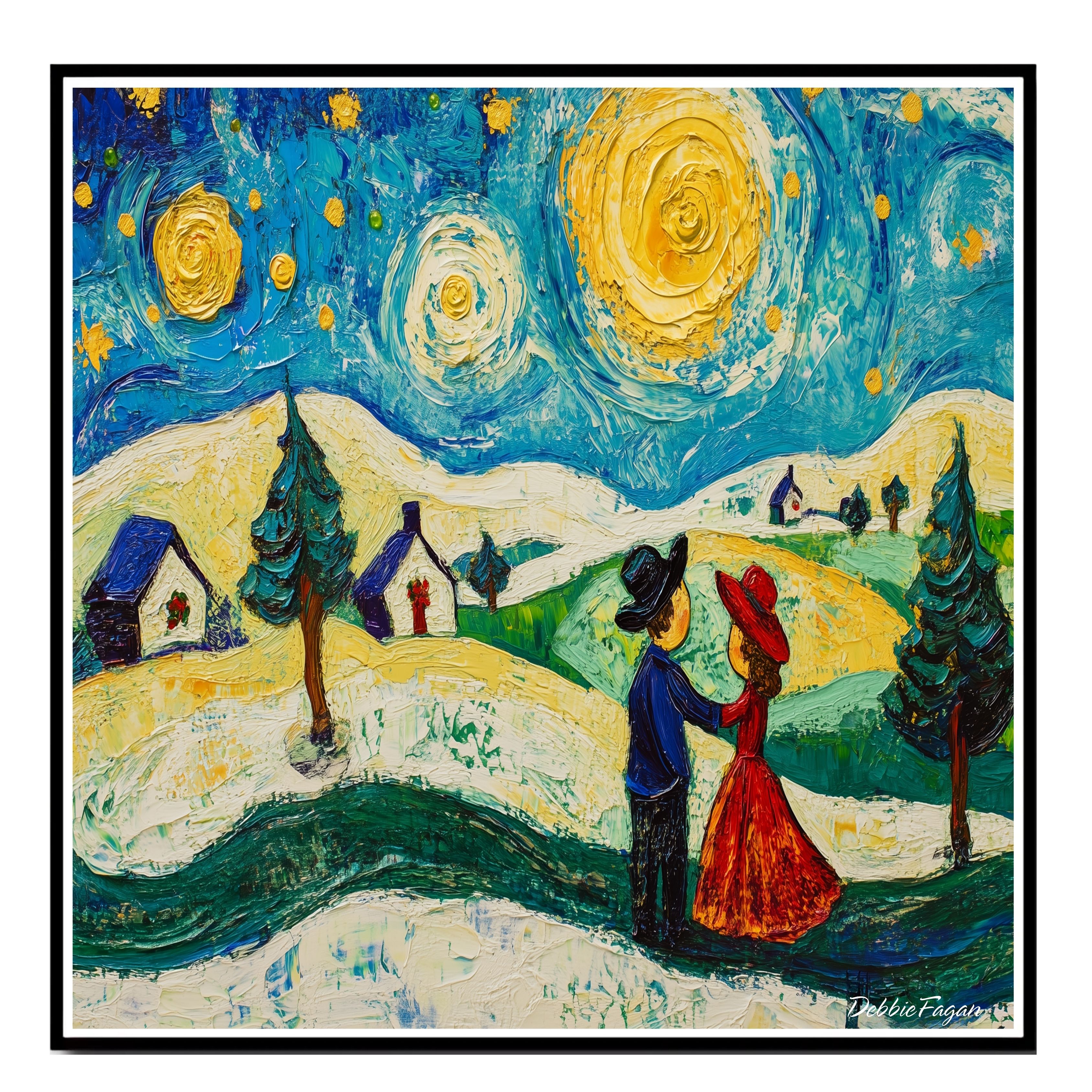 Folk Art Couple Dancing Snowy Christmas Flat Rolled, Framed or Wrapped Canvas