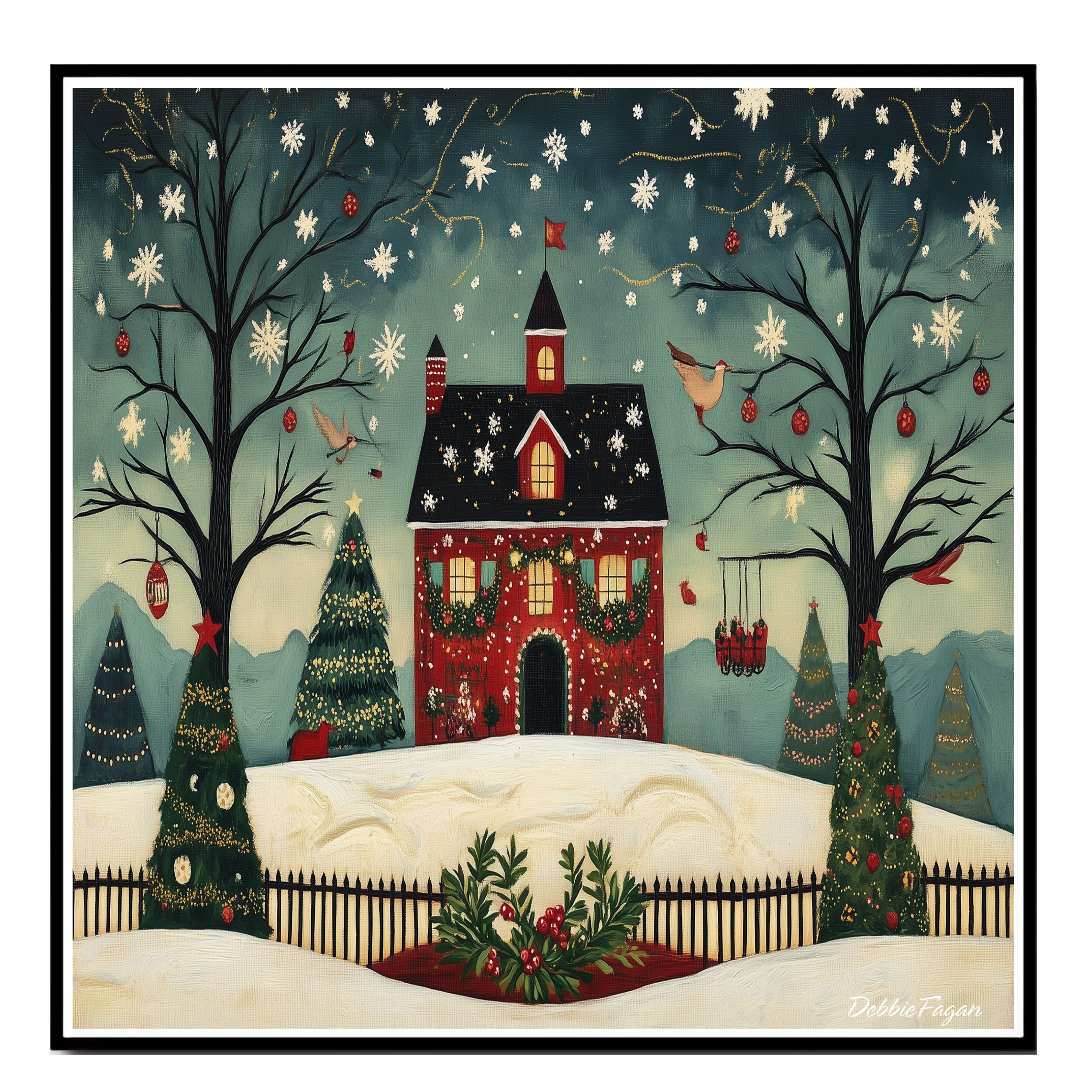 Christmas Folk Art of Red House and Birds Flat Rolled, Framed or Wrapped Canvas