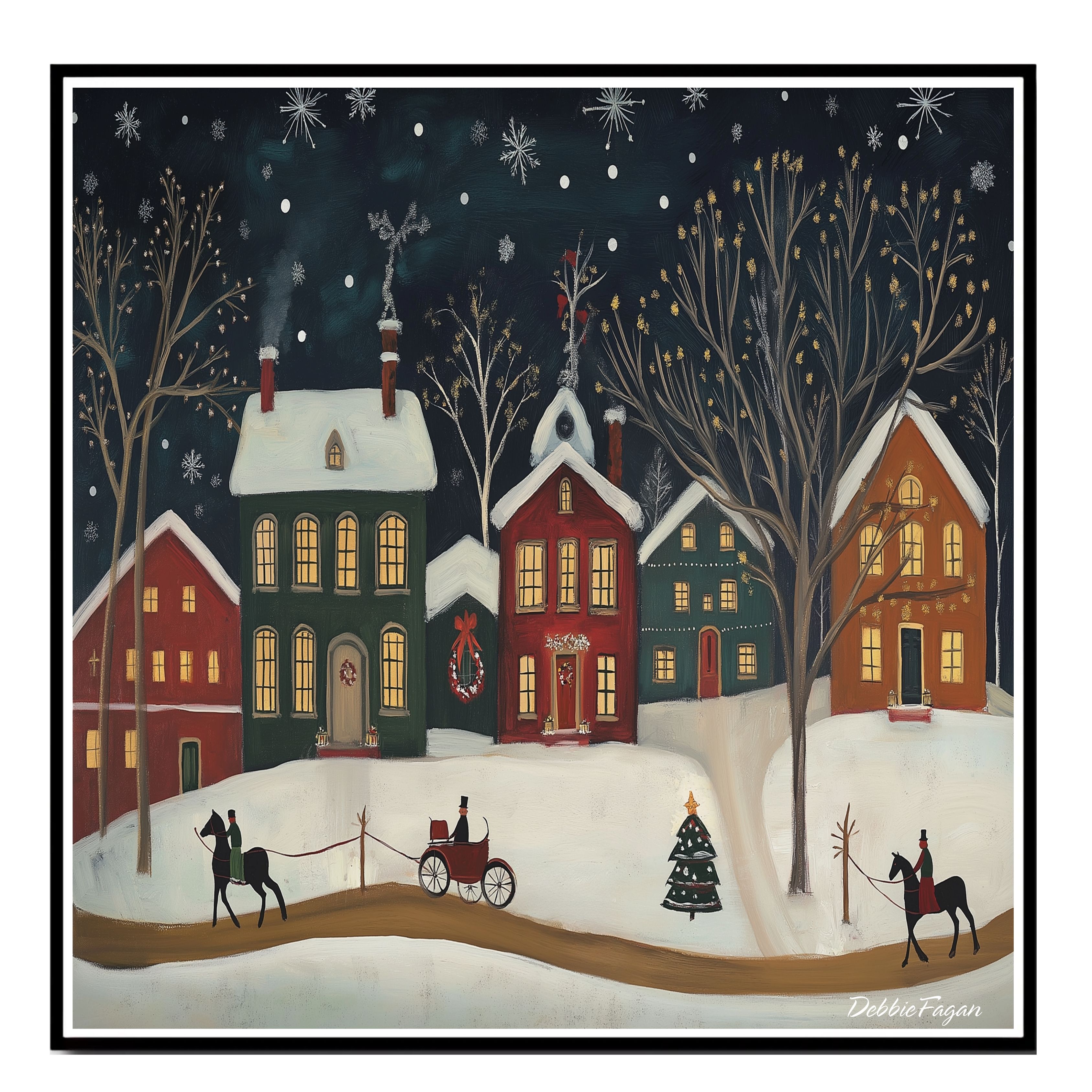 Christmas Art Horse Sleigh, Snowflakes Flat Rolled, Framed or Wrapped Canvas