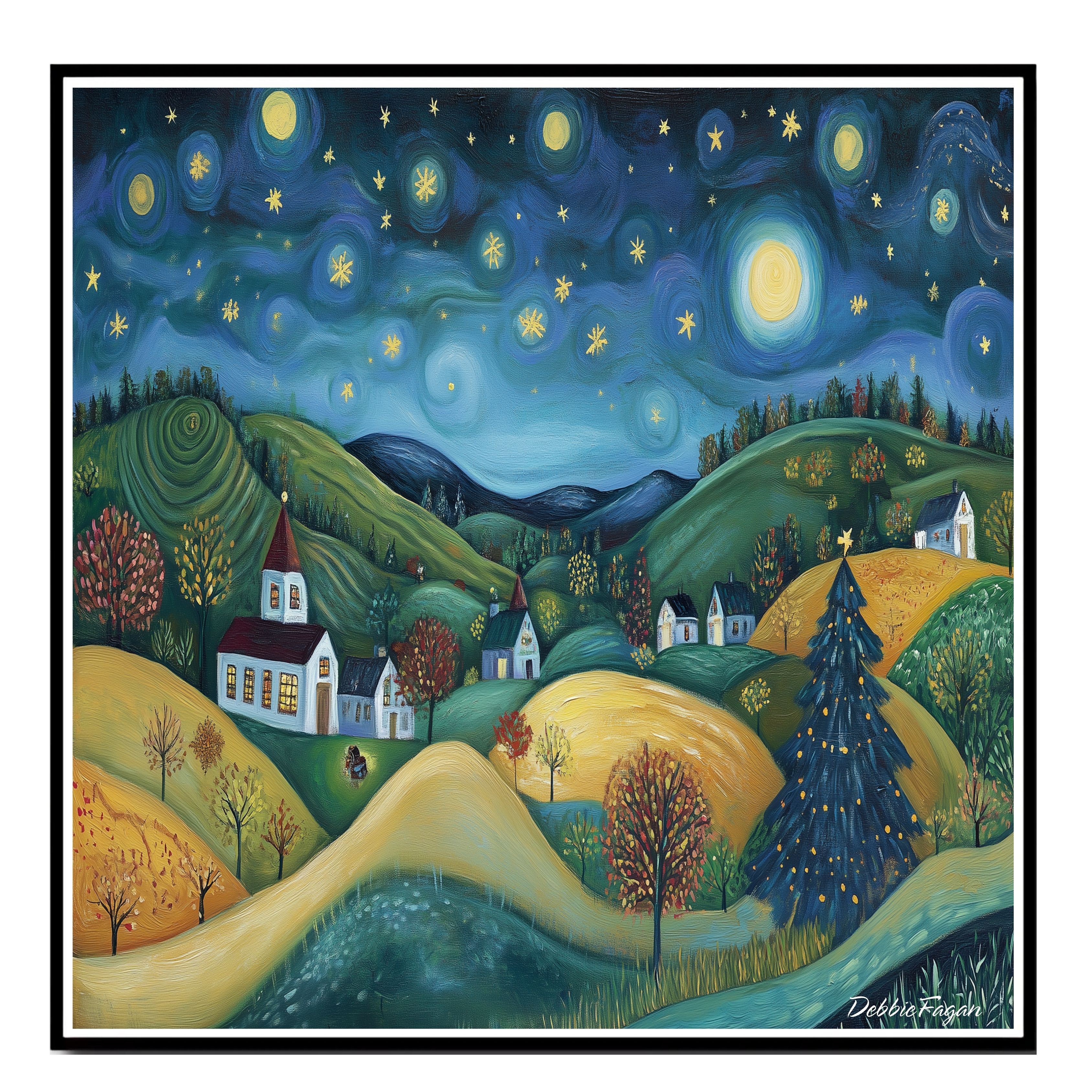 Christmas Night Over Village and Hills Art Flat Rolled, Framed or Wrapped Canvas