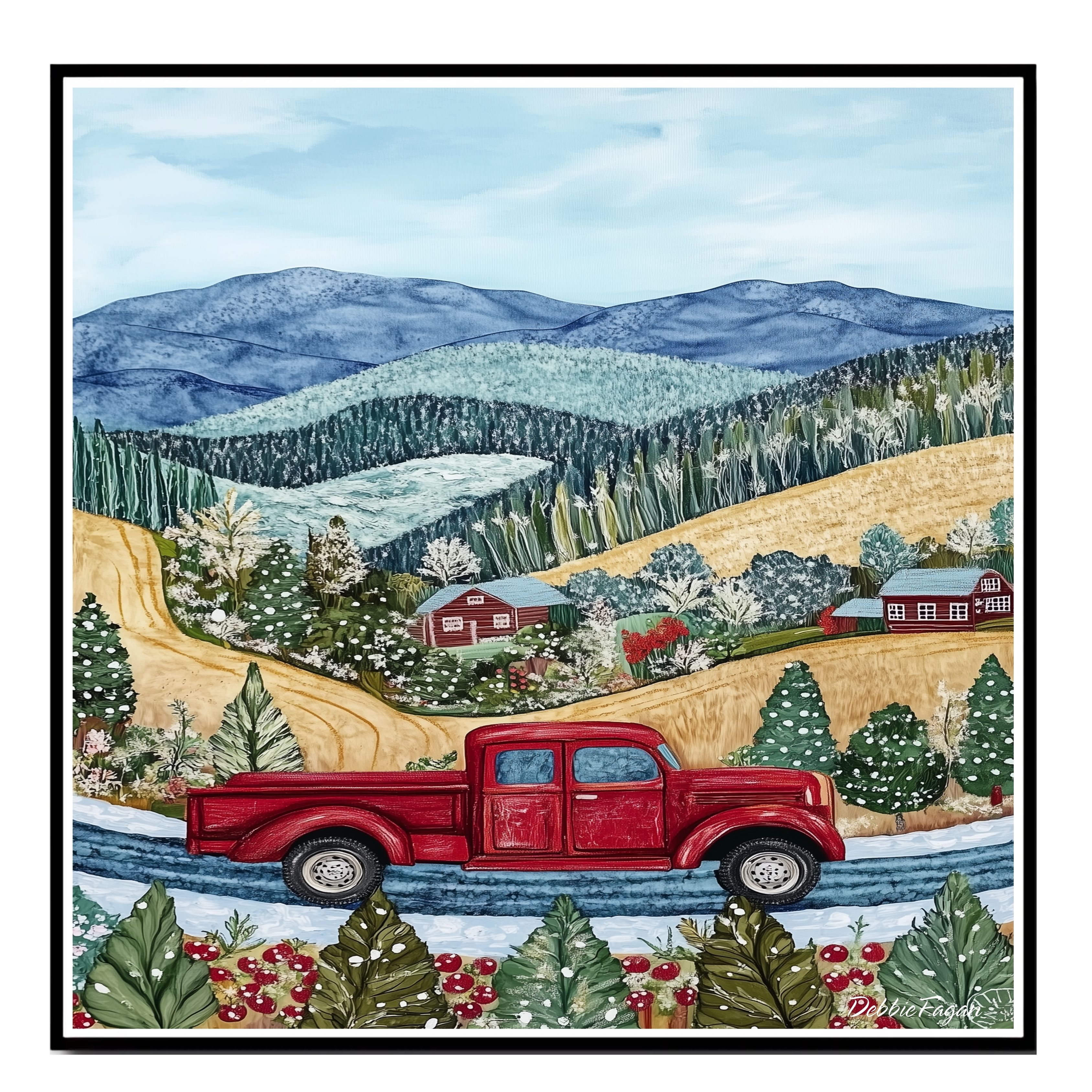 Red Truck on Snowy Road Through Hillside Flat Rolled, Framed or Wrapped Canvas