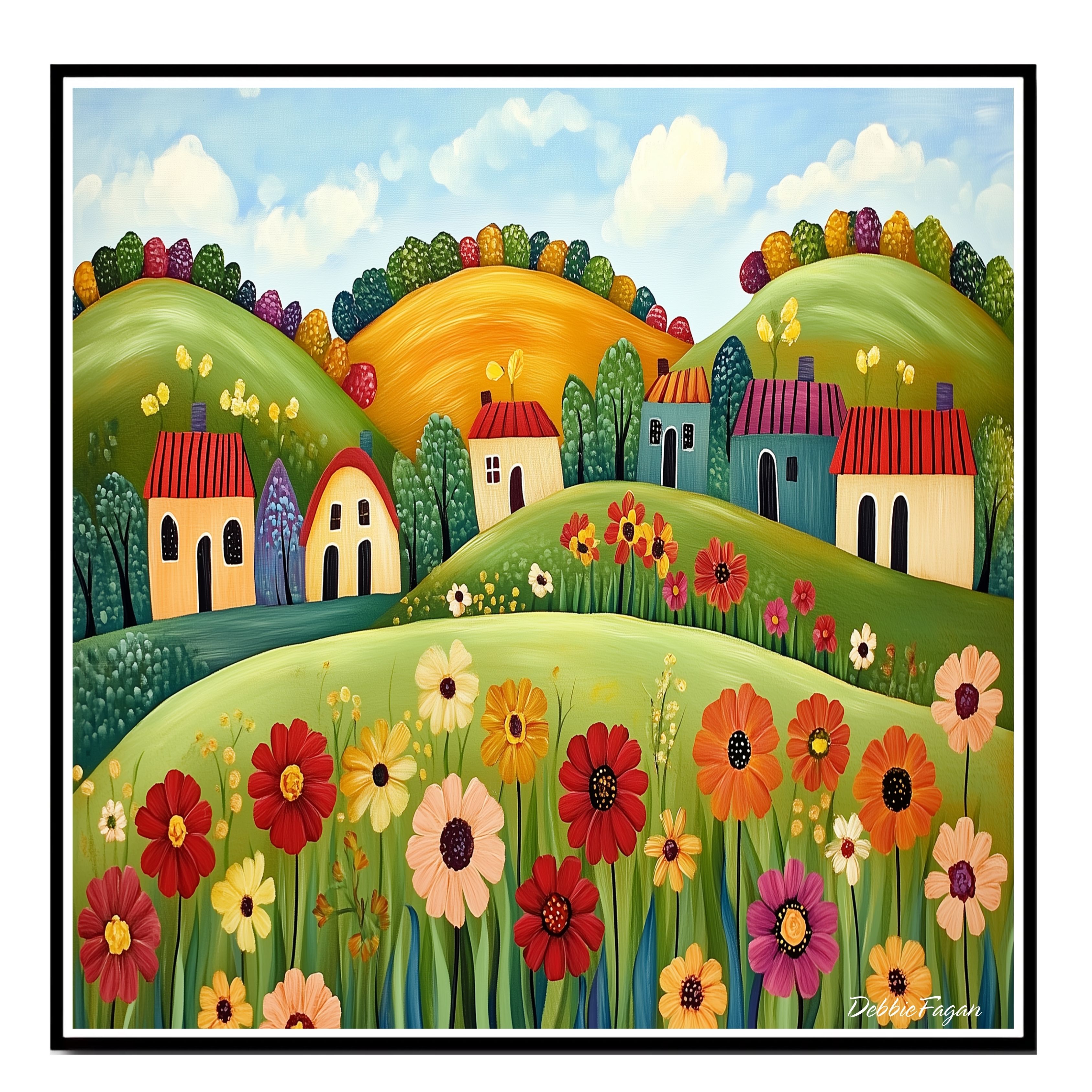 Cottages, Flowers on Hills with Sunny Sky Flat Rolled, Framed or Wrapped Canvas