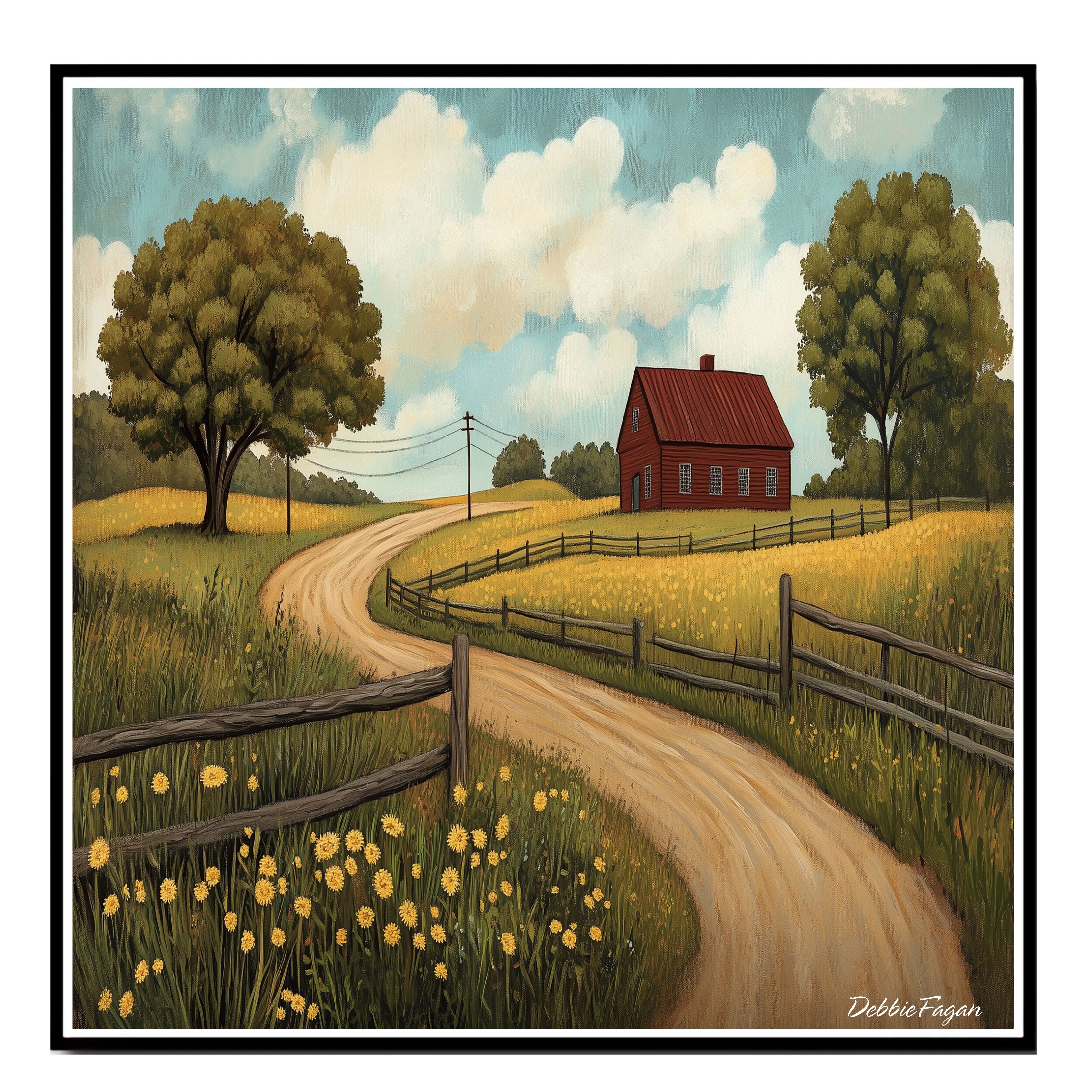 Country Road with Red Barn and flowers Flat Rolled, Framed or Wrapped Canvas