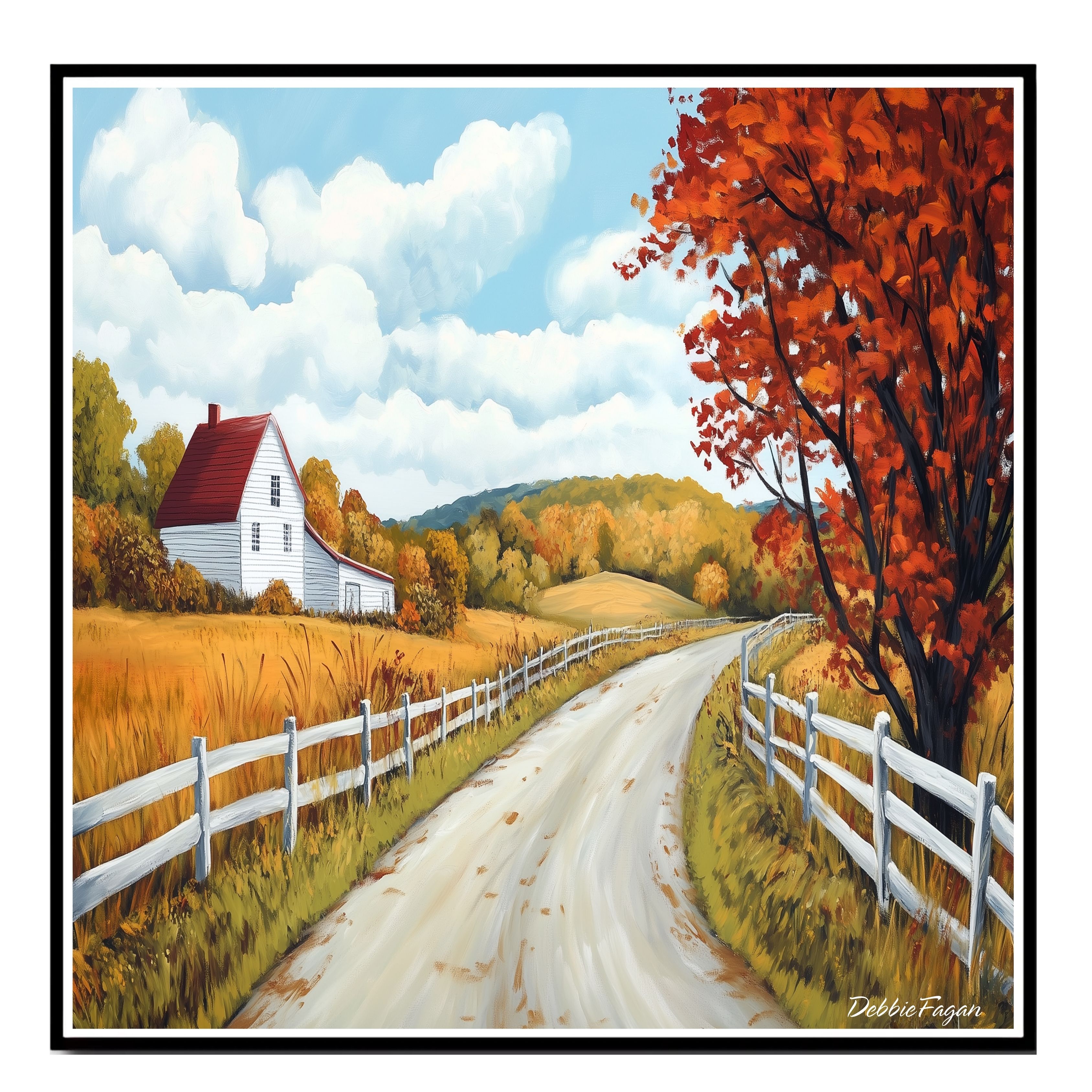 Autumn Country Road with Red Barn Tree Art Flat Rolled, Framed or Wrapped Canvas