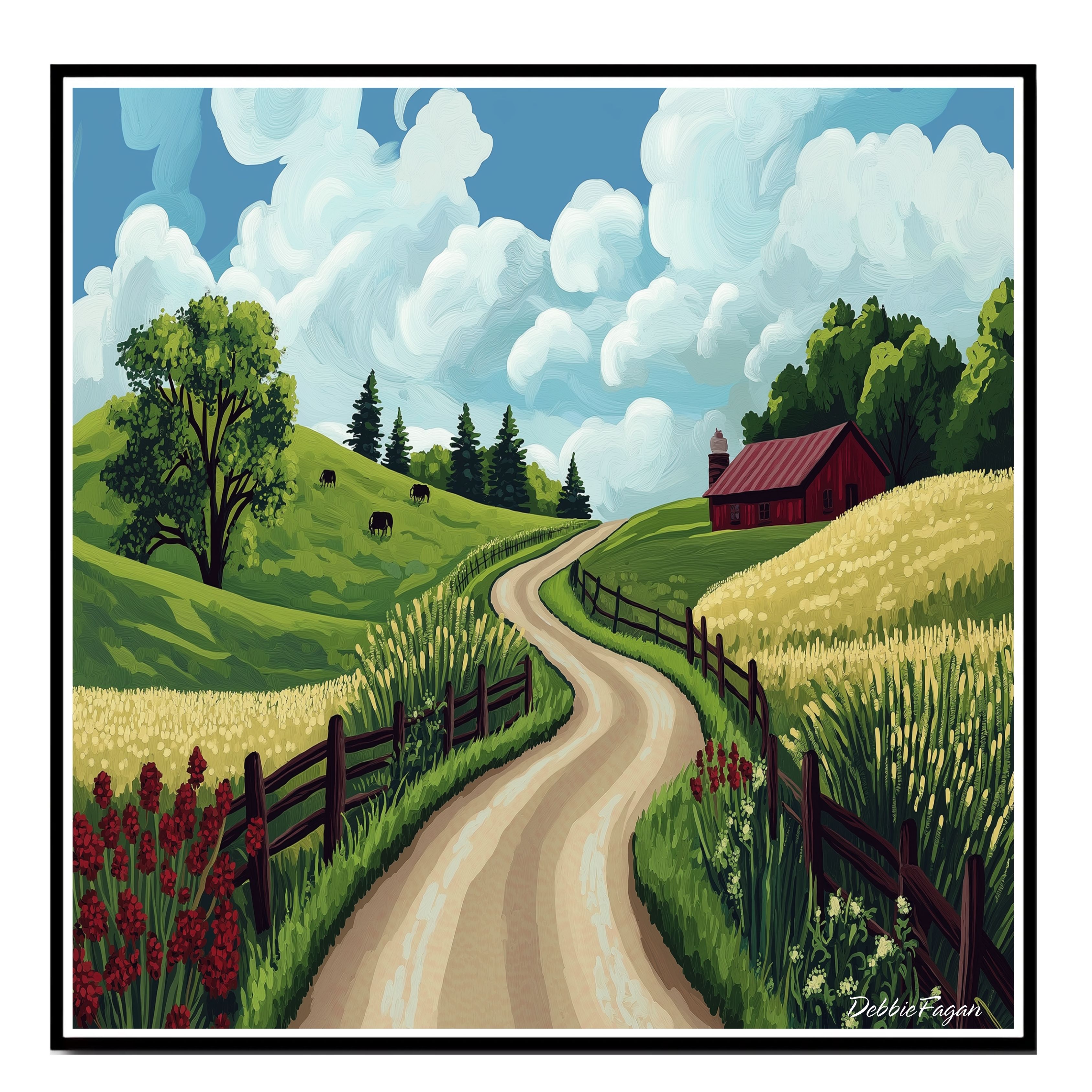 Country Road with Red Barn and Green Hills Flat Rolled, Framed or Wrapped Canvas - Picture 15 of 19