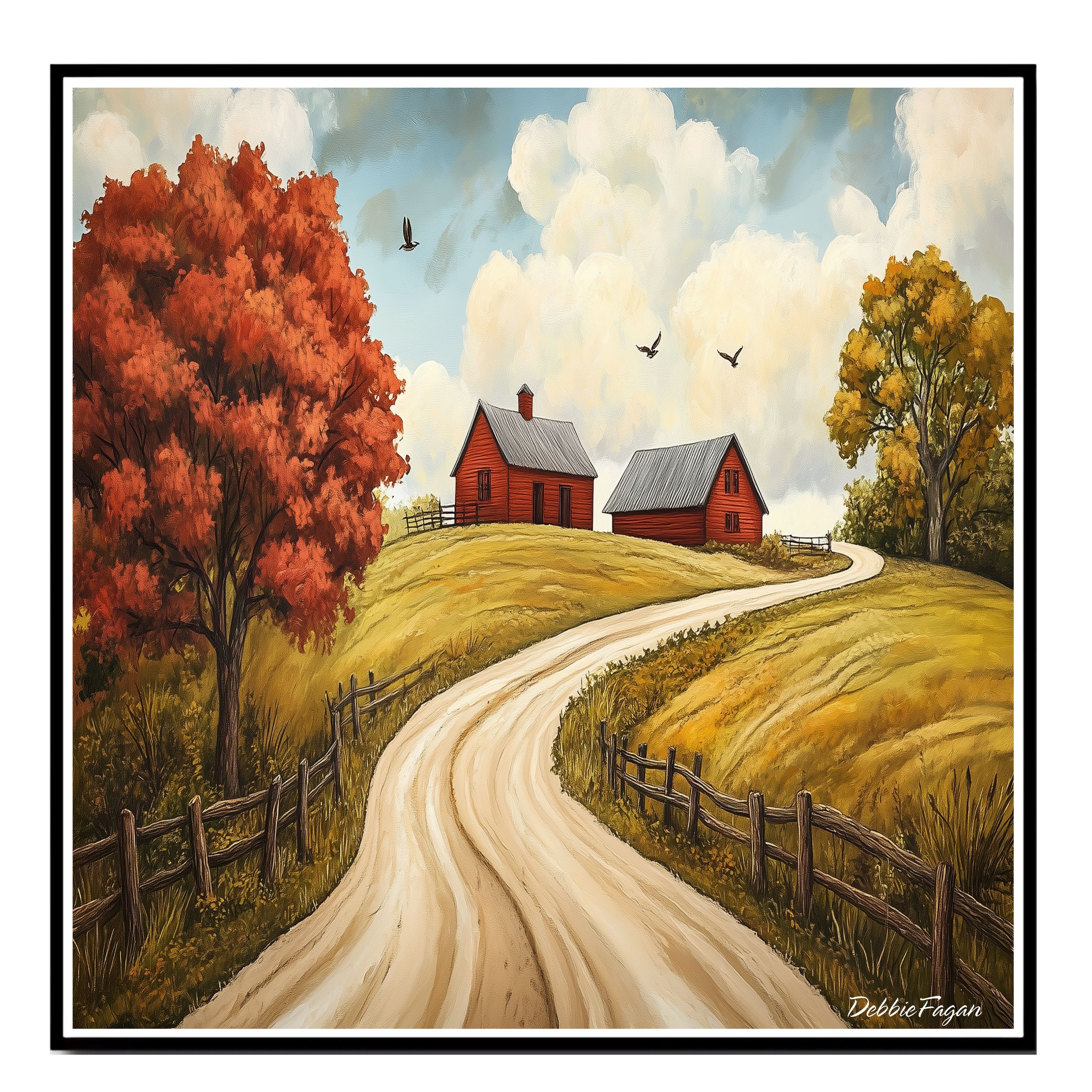 Country Road to Red Barns Autumn Folk Art Flat Rolled, Framed or Wrapped Canvas