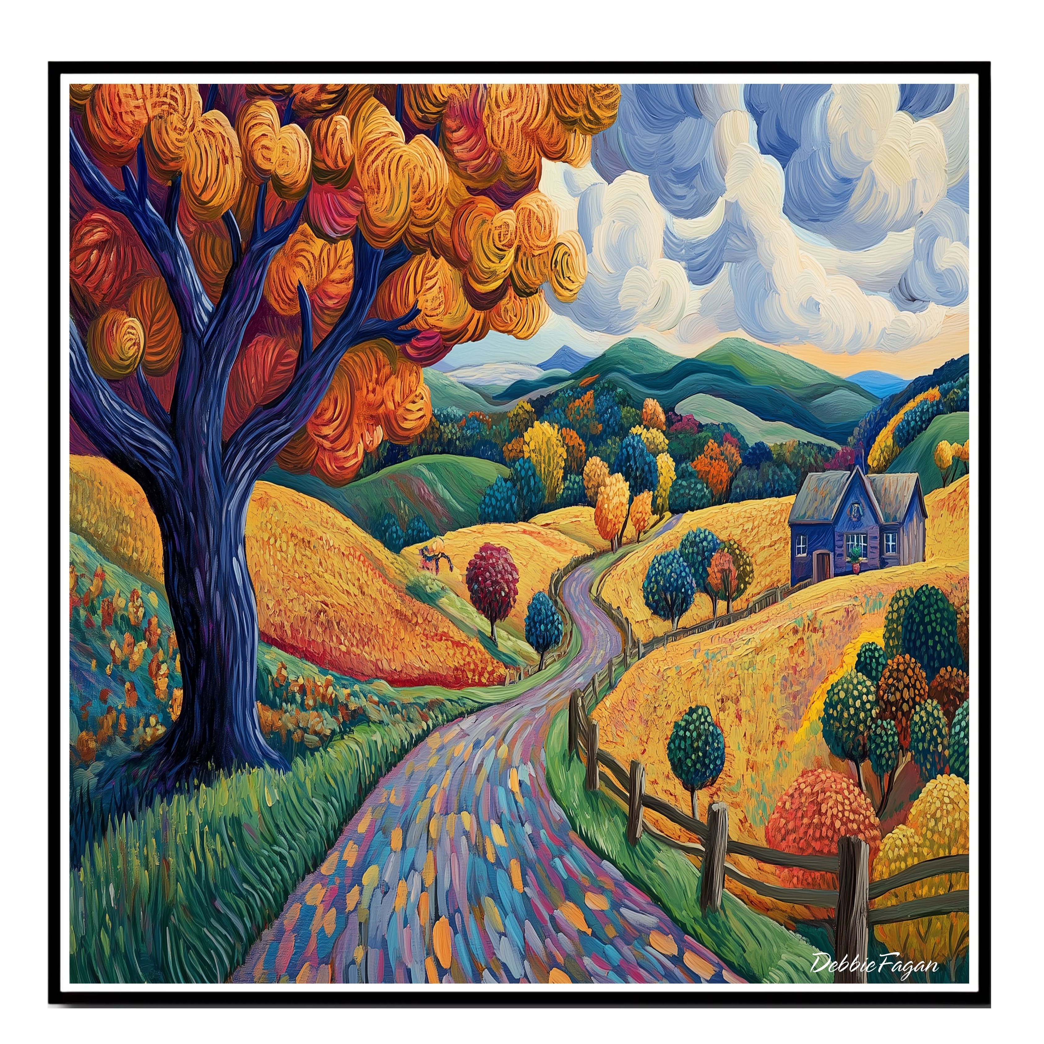 Winding Road Through Autumn Hills, Cottage Flat Rolled, Framed or Wrapped Canvas