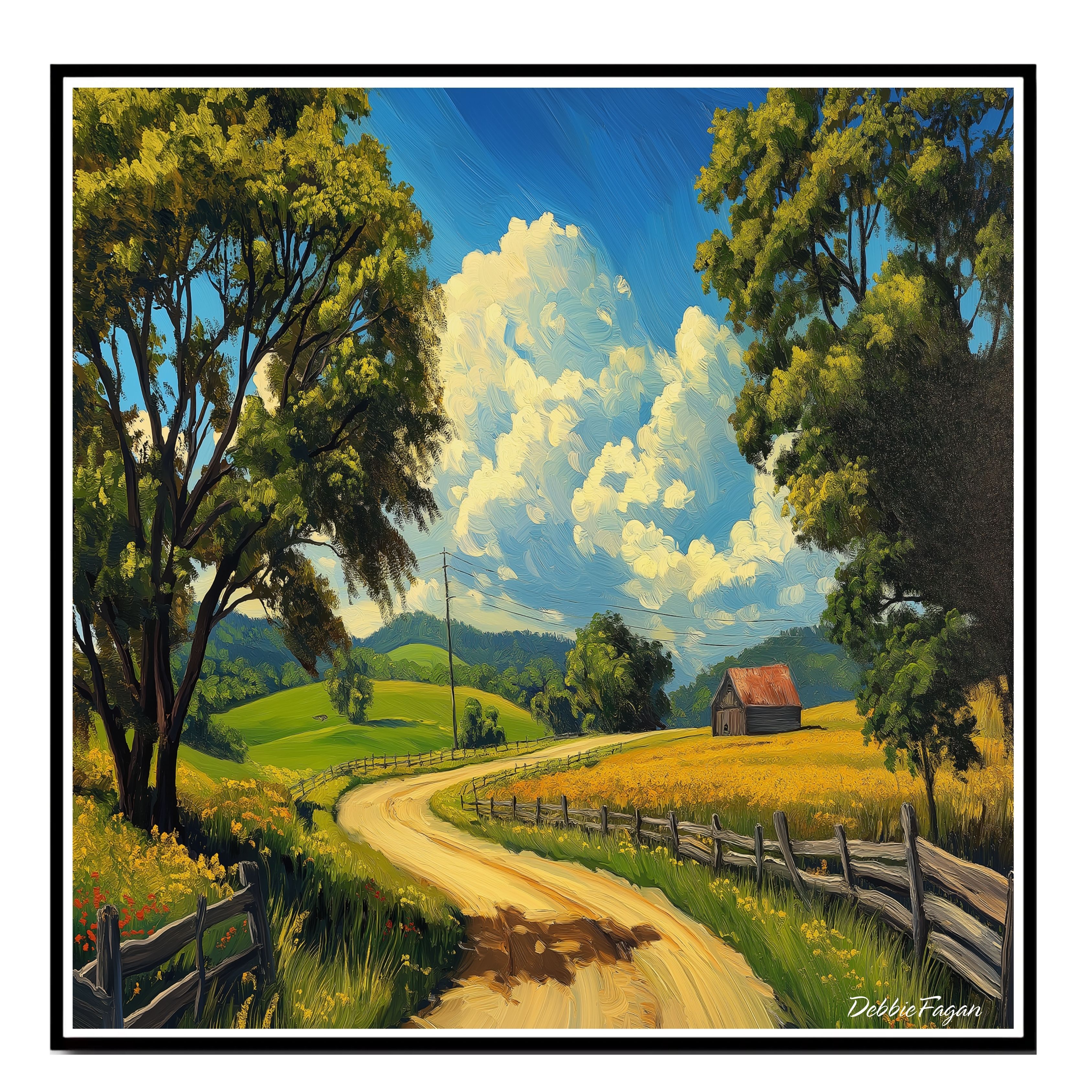 Country Road with Barn and Fields Flat Rolled, Framed or Wrapped Canvas