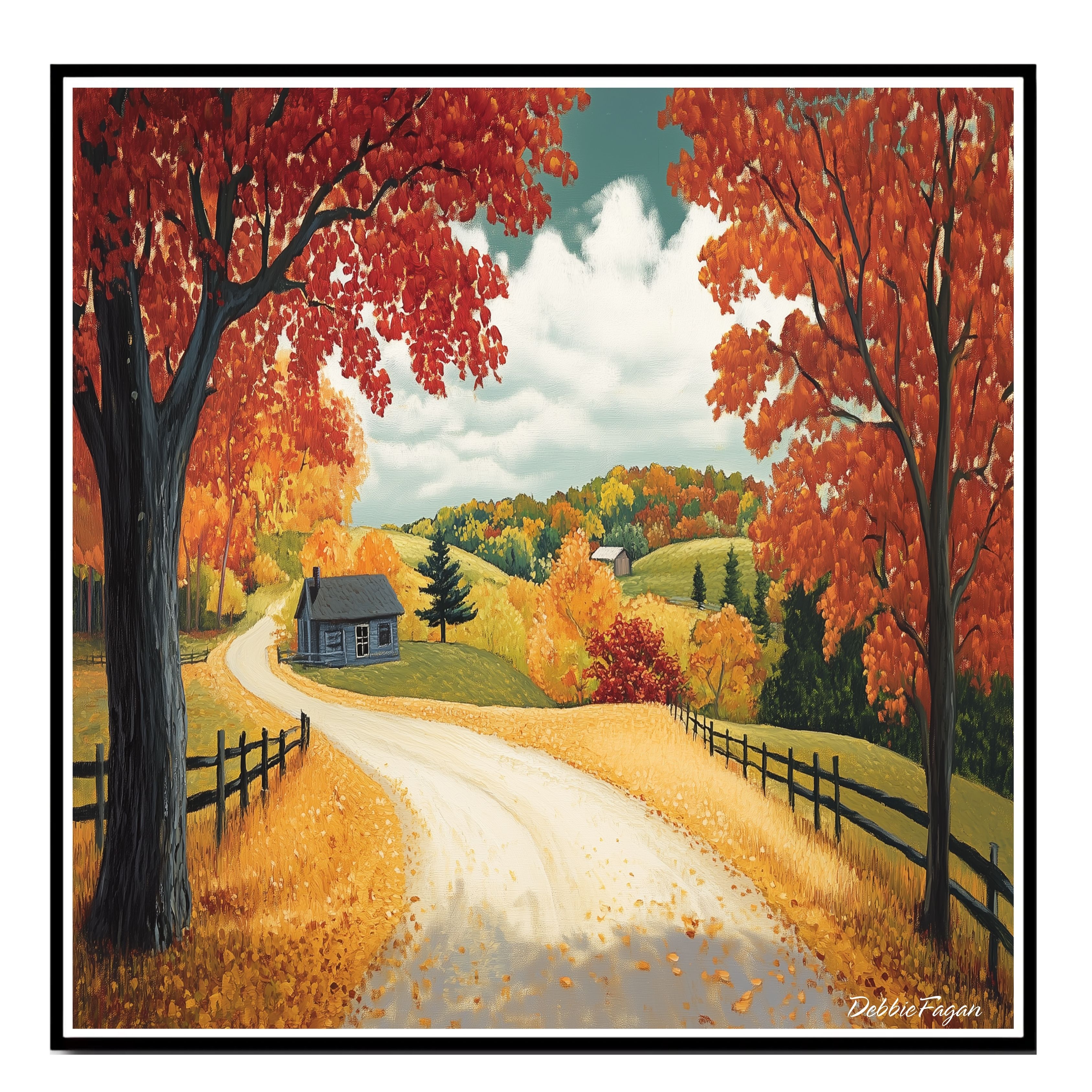 Curving Autumn Road with Blue Cabin Print Flat Rolled, Framed or Wrapped Canvas