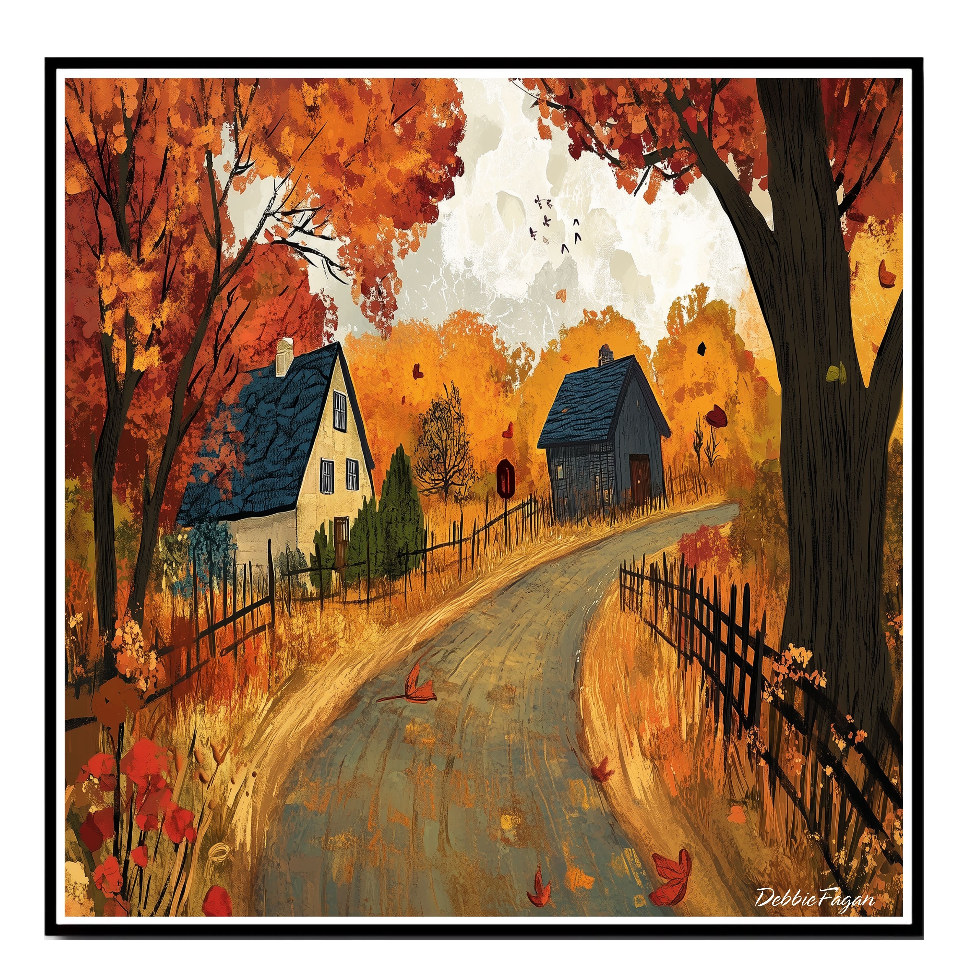 Country Road in Autumn with Cozy Cottages Flat Rolled, Framed or Wrapped Canvas