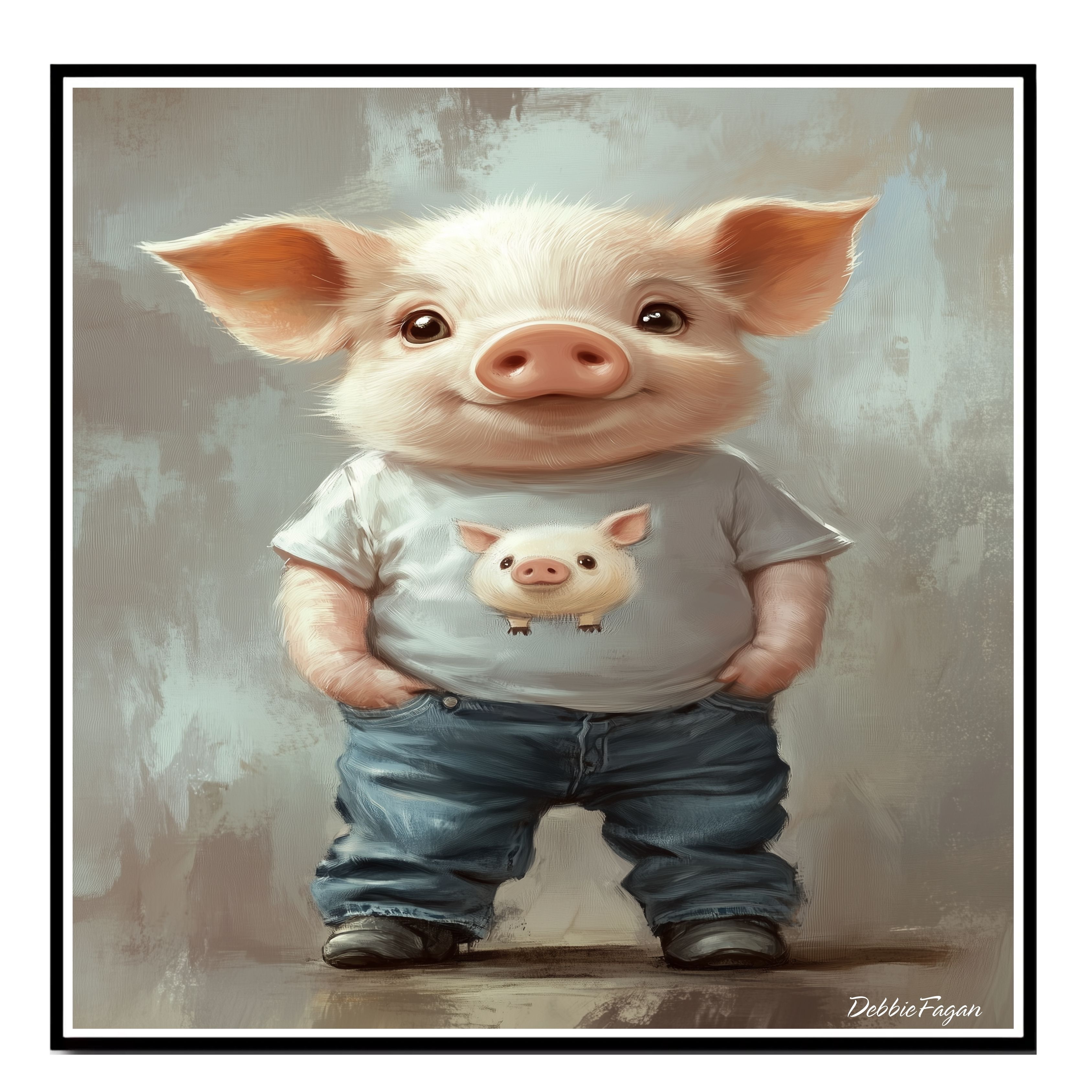 Pig in T-Shirt with Hands in Pockets Flat Rolled, Framed or Wrapped Canvas