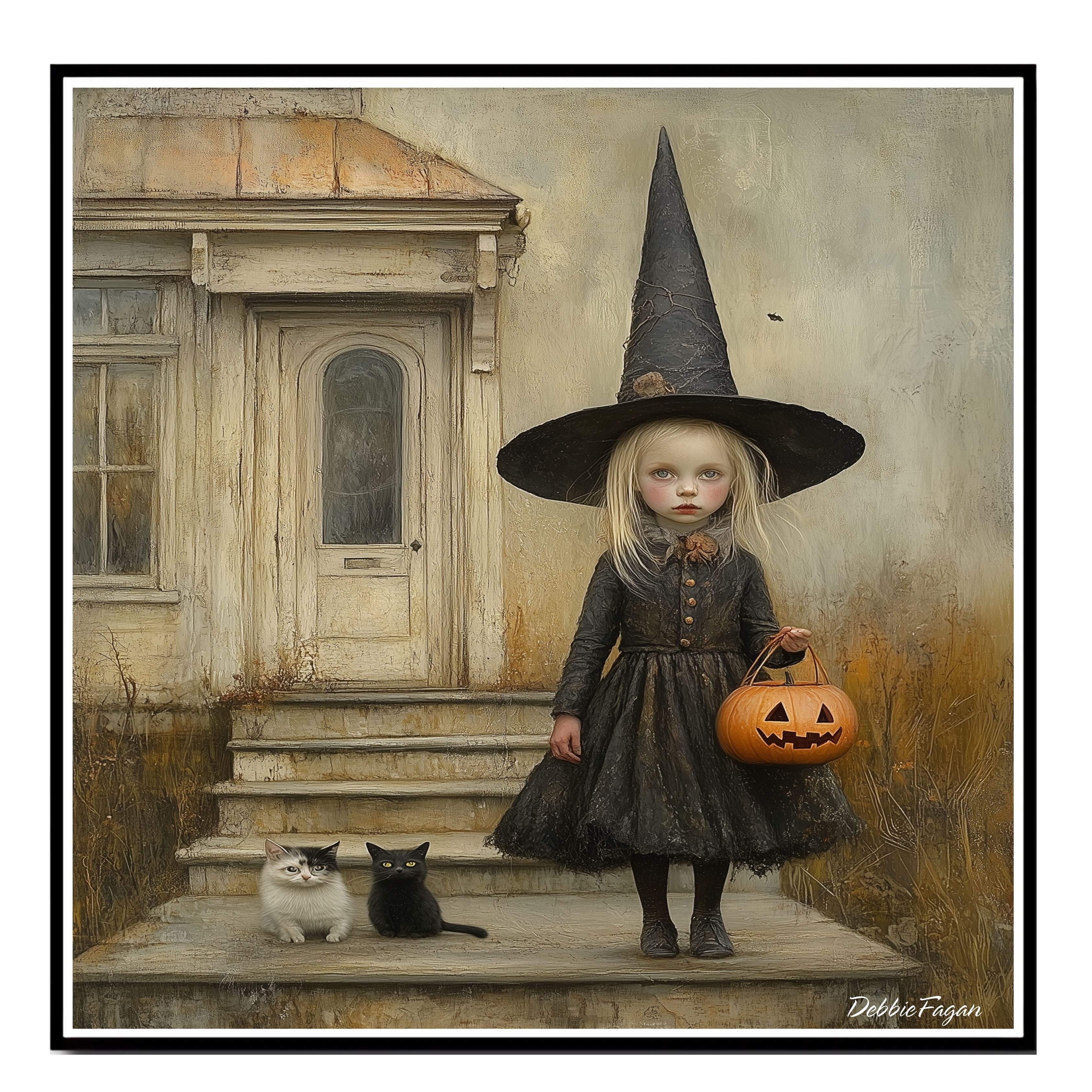 Witch Girl with Pumpkin and Cats Halloween Flat Rolled, Framed or Wrapped Canvas