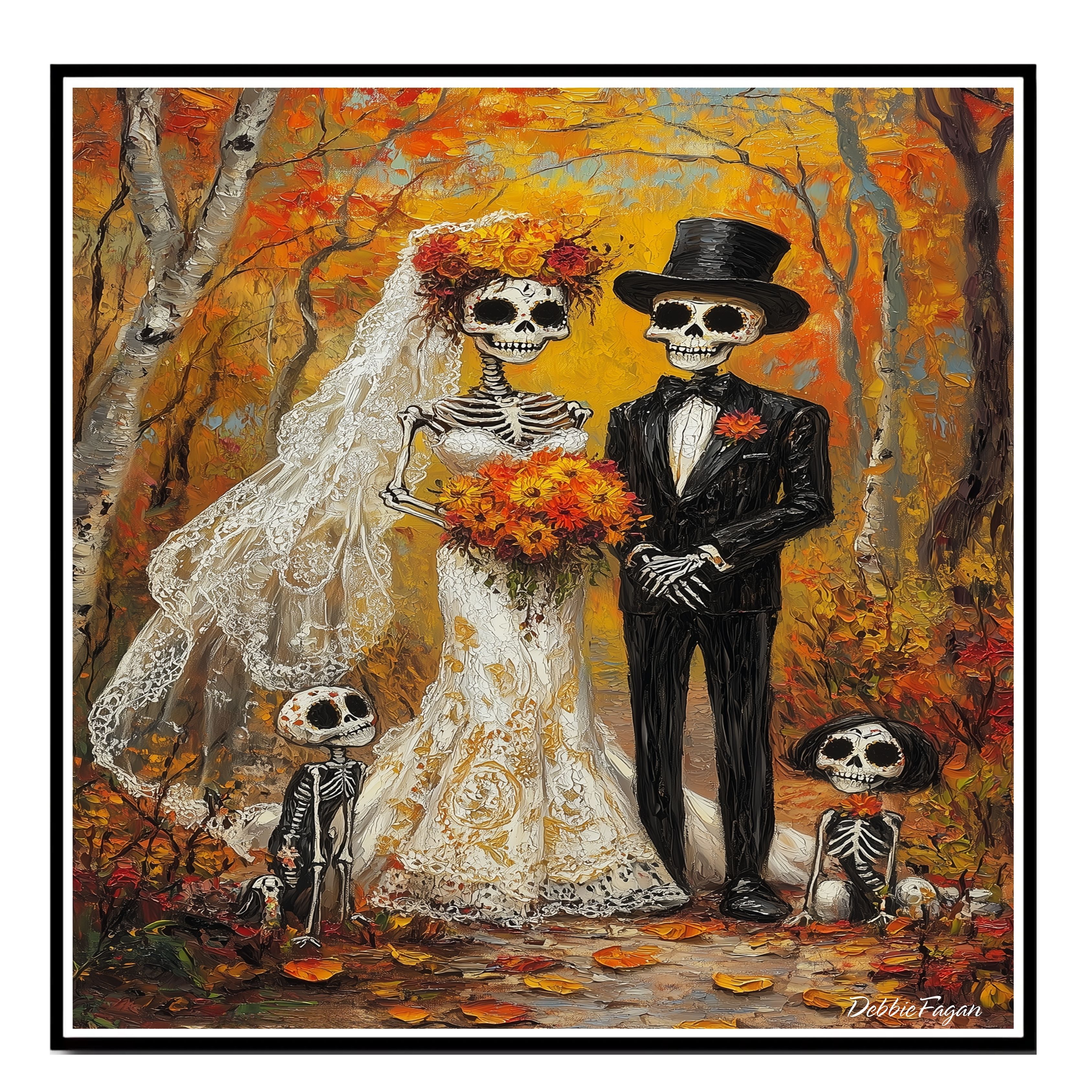 Skeleton Wedding Family in Autumn Forest Flat Rolled, Framed or Wrapped Canvas