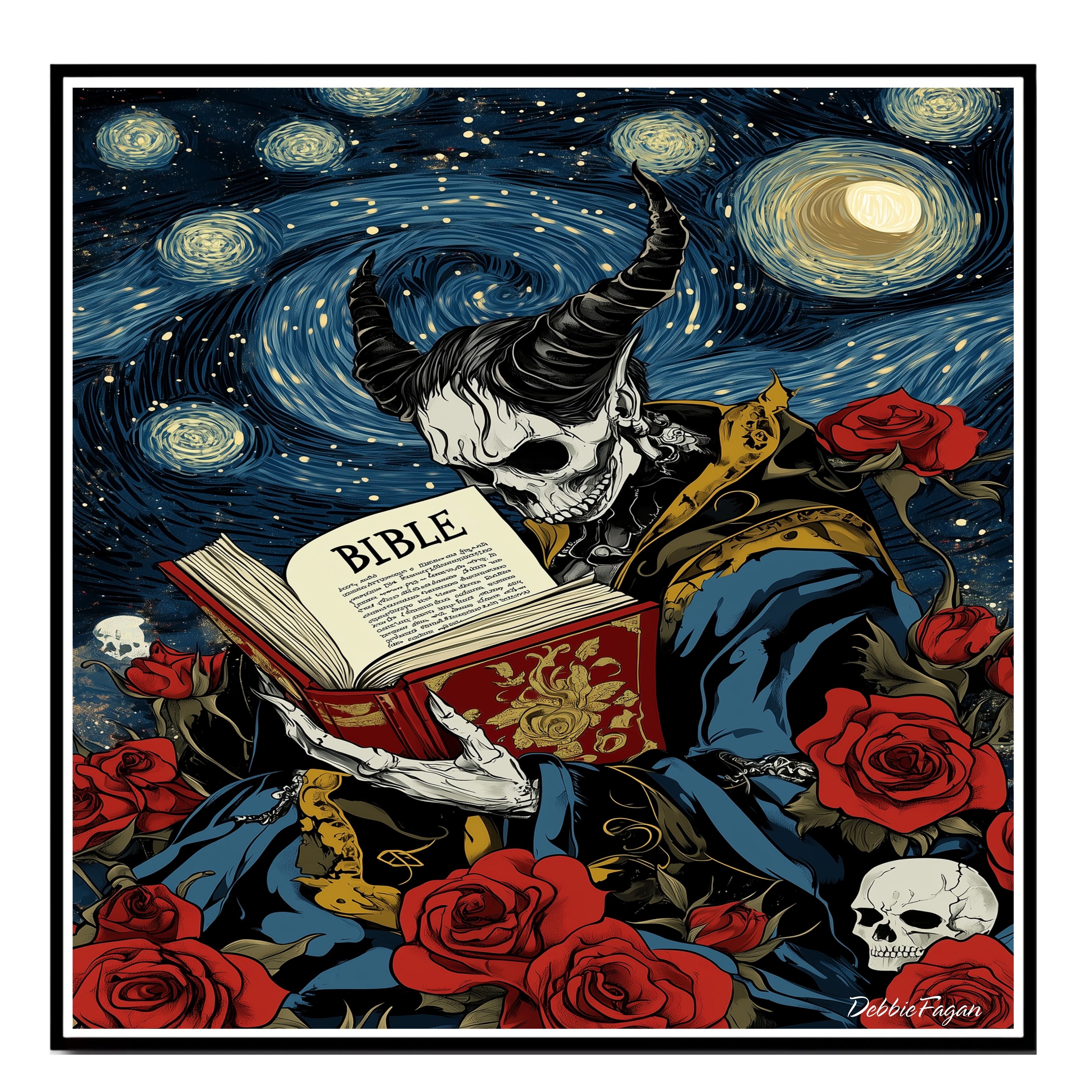 Gothic Devil Reading the Bible, Skull Rose Flat Rolled, Framed or Wrapped Canvas