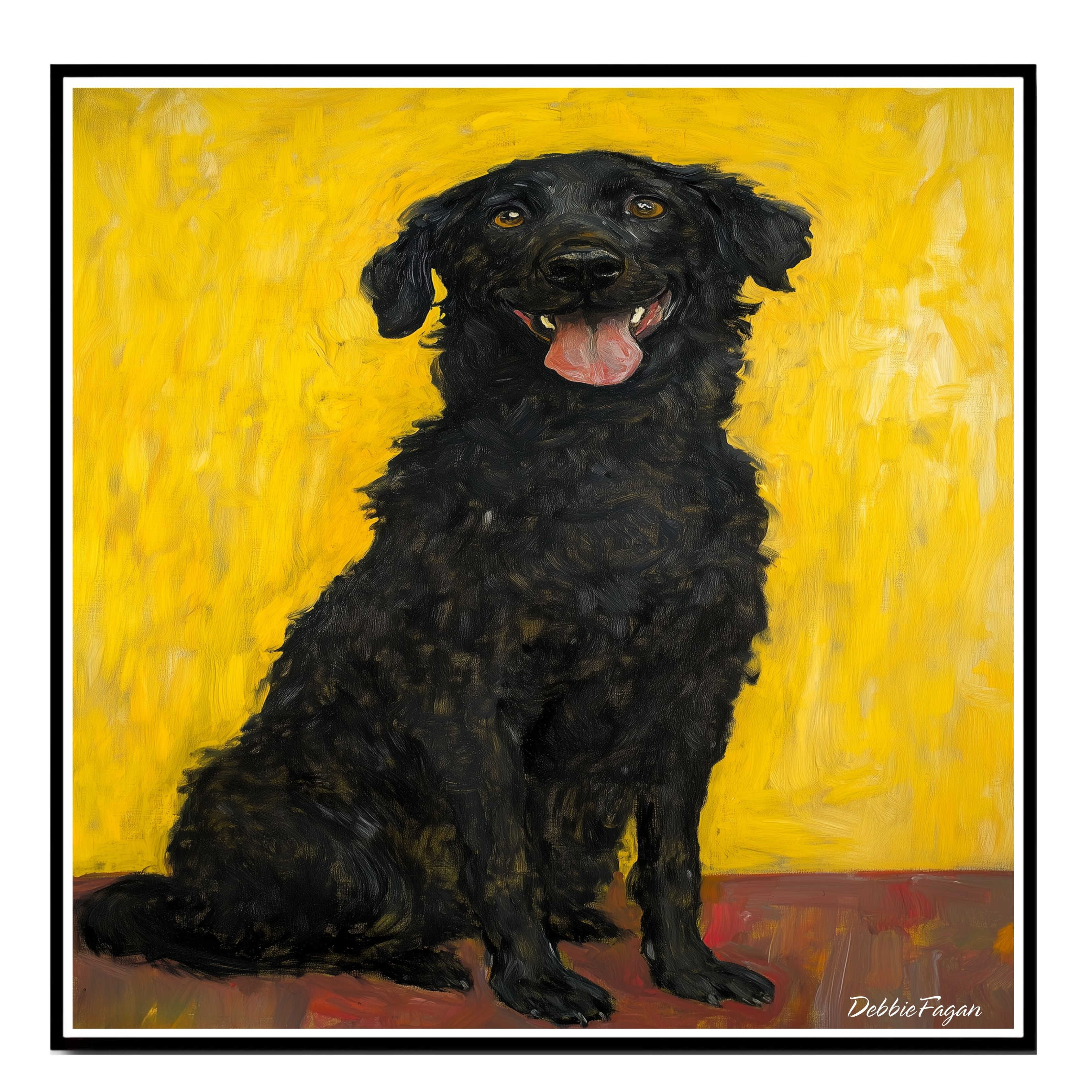 Black Dog Portrait Art on Yellow-Orange Flat Rolled, Framed or Wrapped Canvas