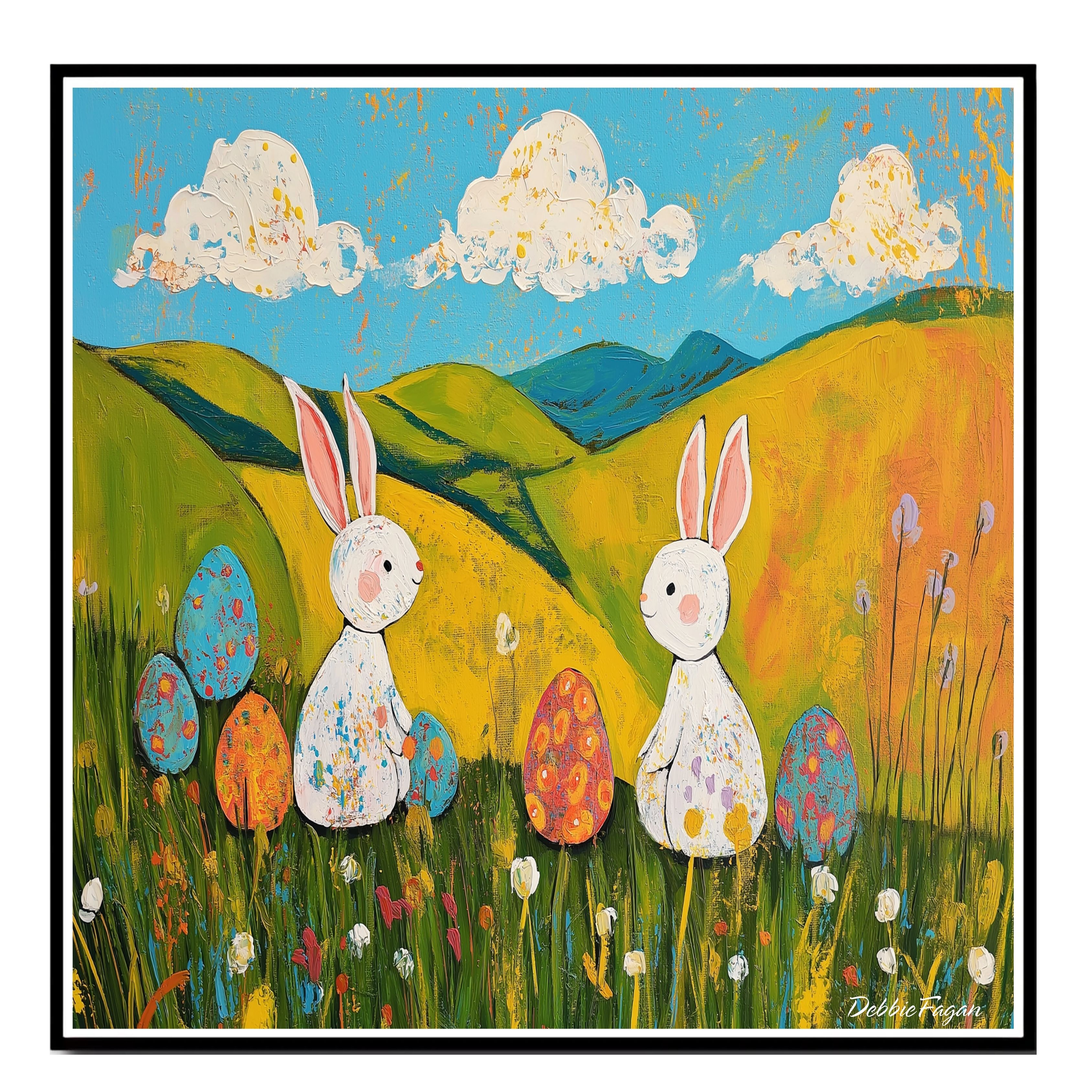 Easter Bunnies with Colorful Eggs Art Flat Rolled, Framed or Wrapped Canvas