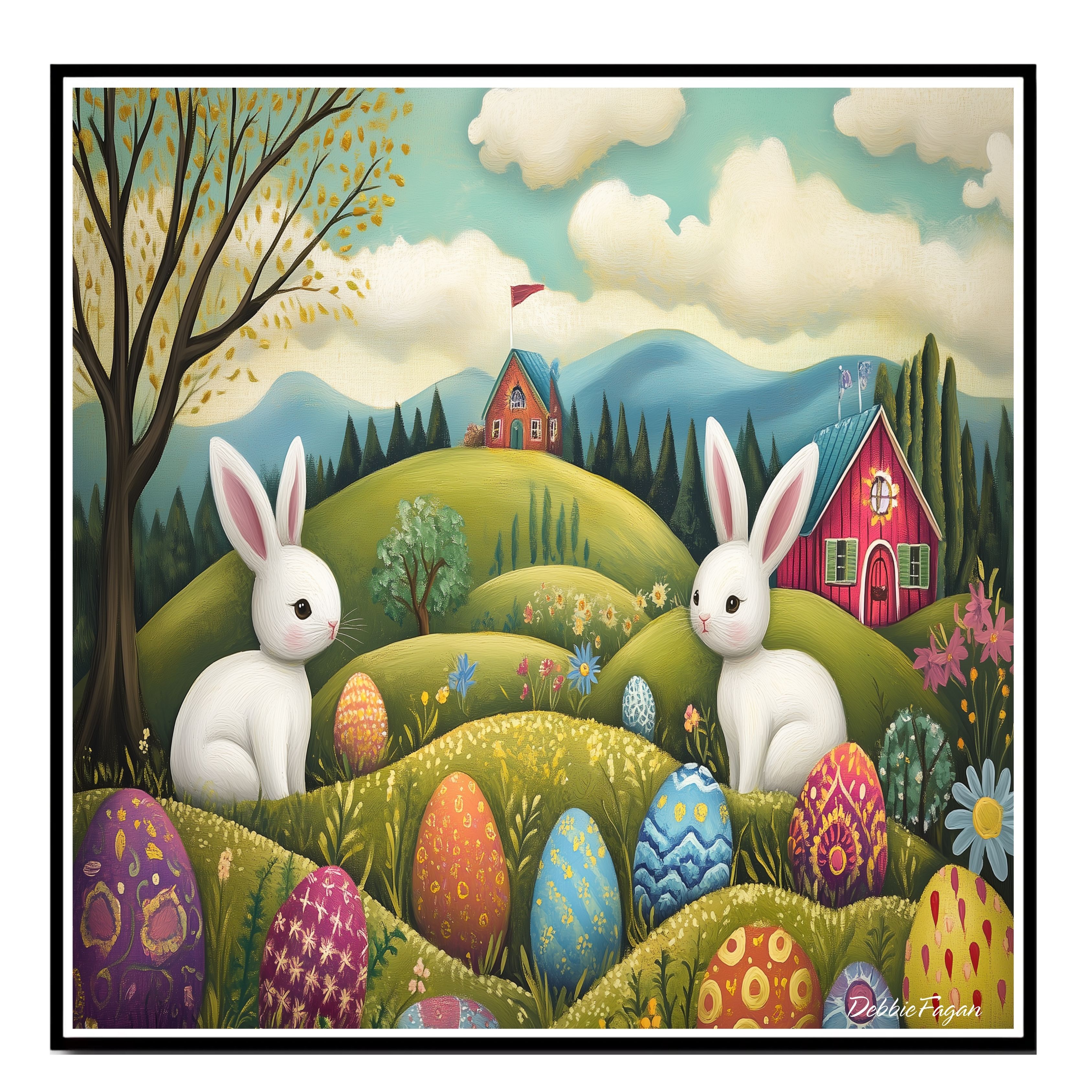 Easter Bunnies with Colorful Eggs Spring Flat Rolled, Framed or Wrapped Canvas