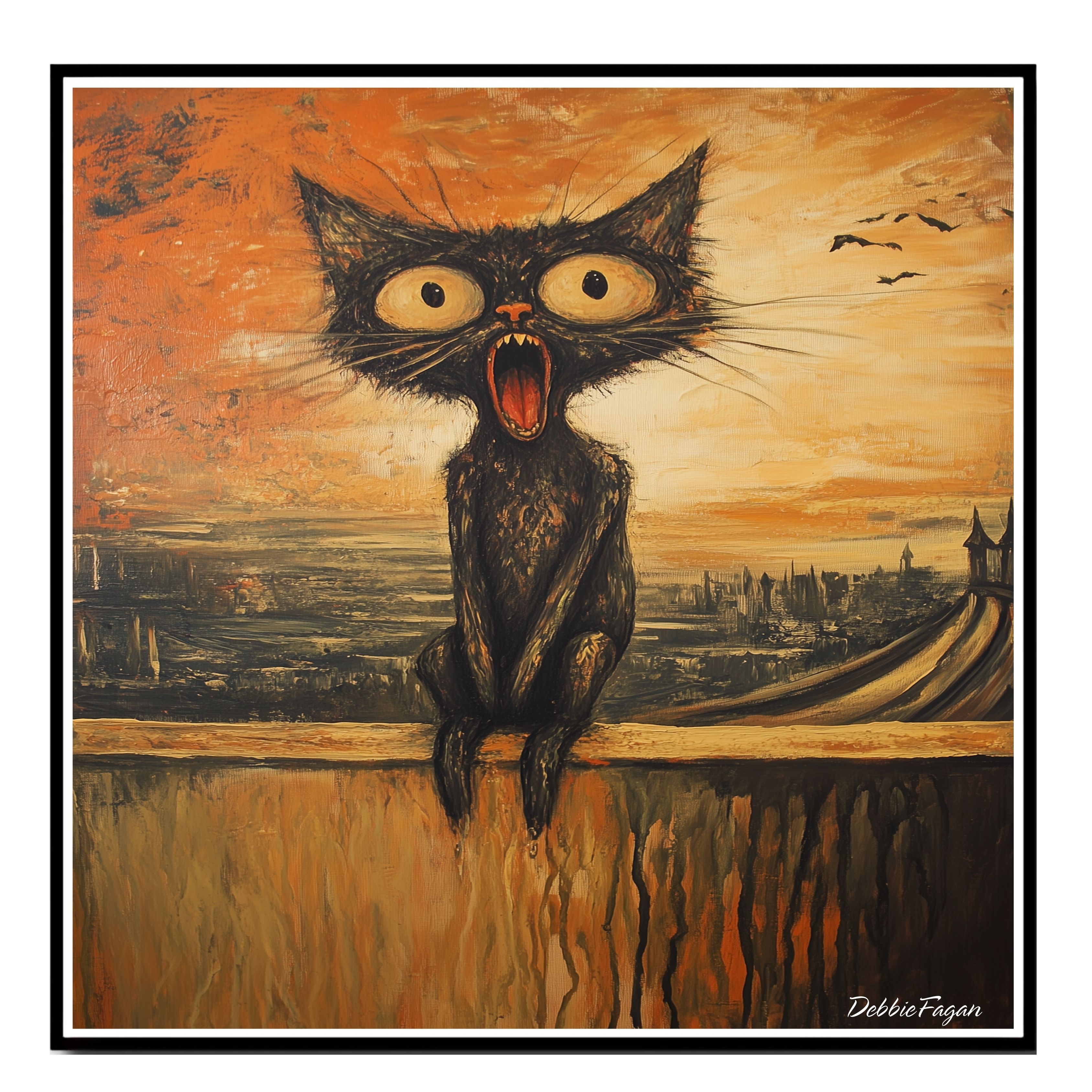 Black Cat Screaming on Canvas Sunset Flat Rolled, Framed or Wrapped Canvas