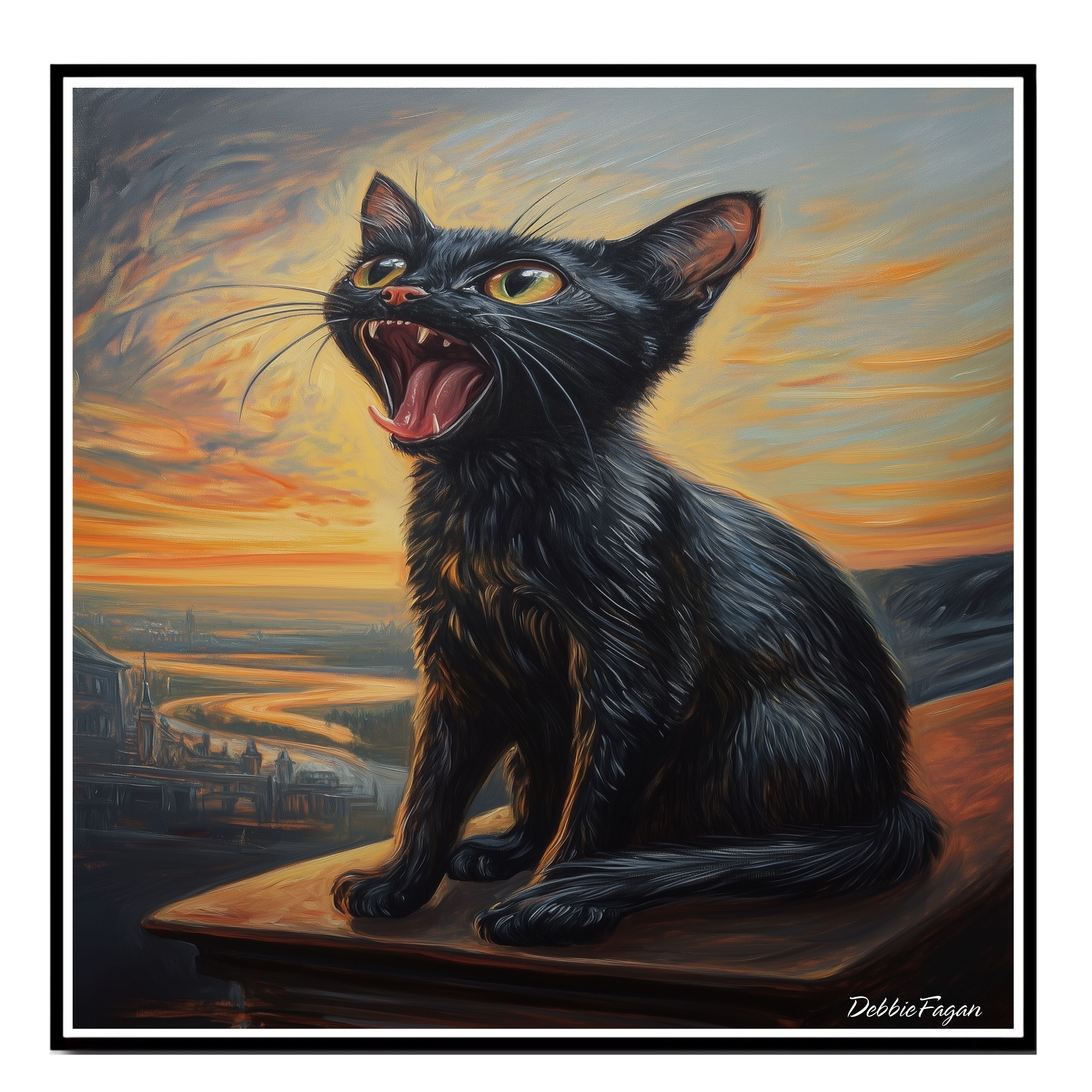 Screaming Black Cat on Rooftop Art Flat Rolled, Framed or Wrapped Canvas