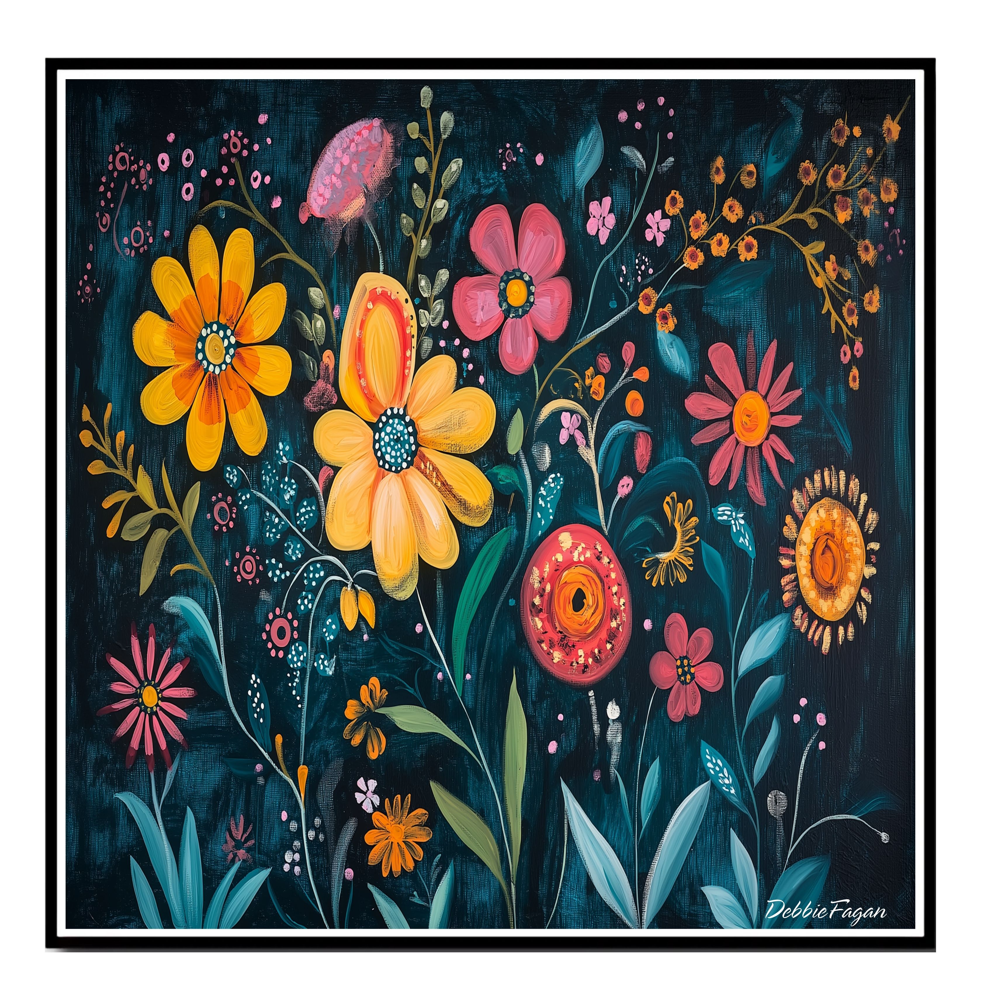 Colorful Flower on Deep Teal Background Flat Rolled, Framed or Wrapped Canvas