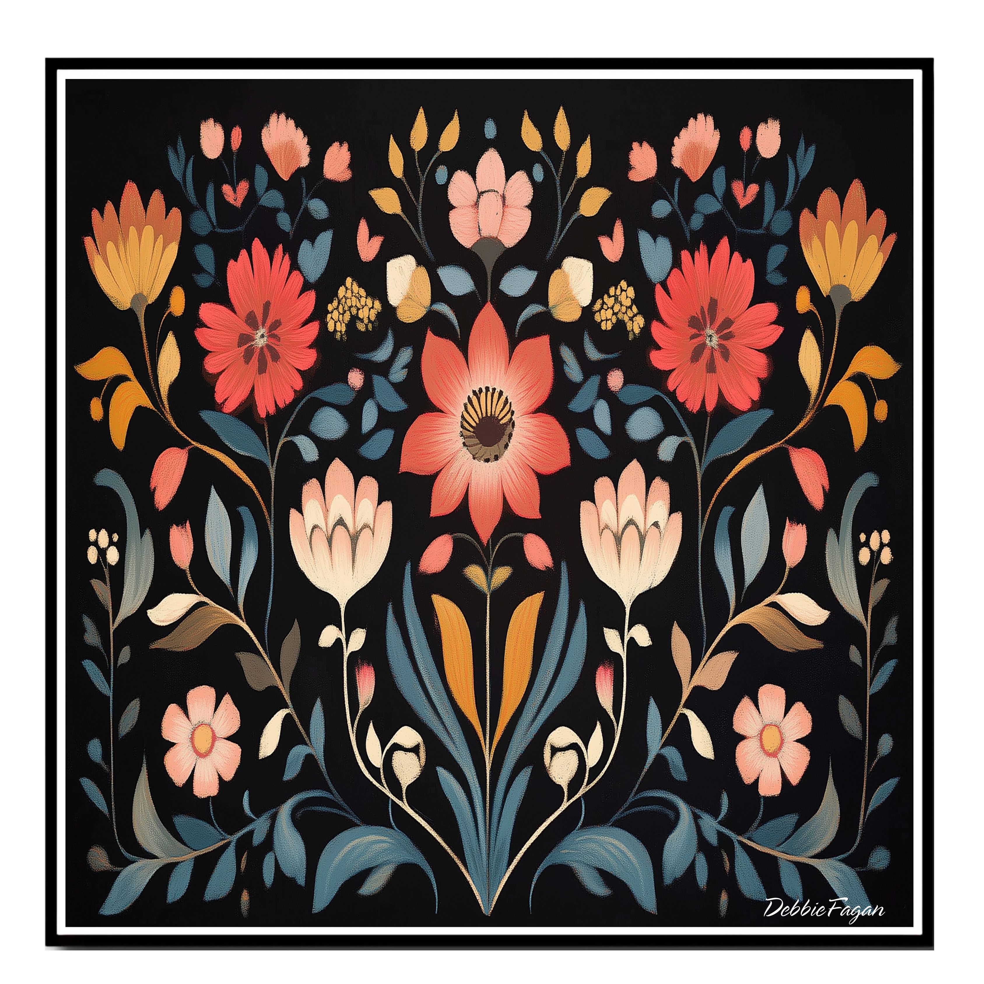 Folk Art Floral Colorful Flower Design Flat Rolled, Framed or Wrapped Canvas