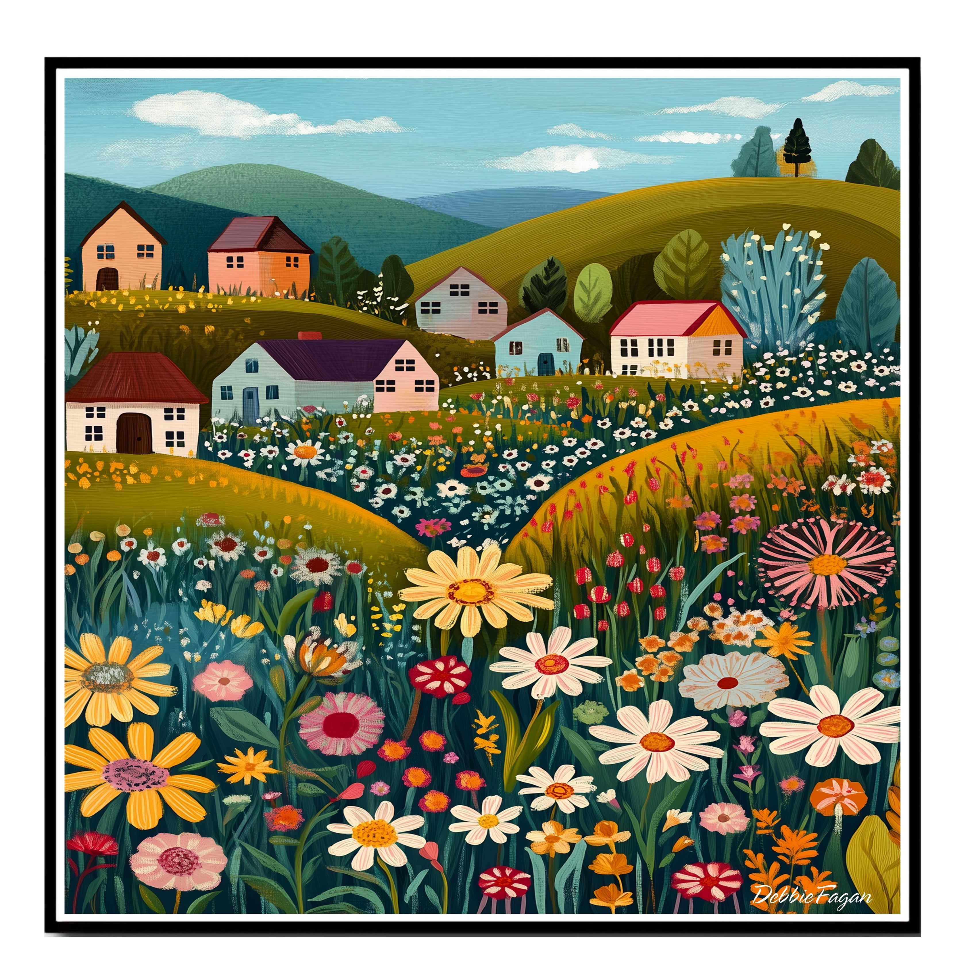 Cottages and flower Meadows on Hills Flat Rolled, Framed or Wrapped Canvas