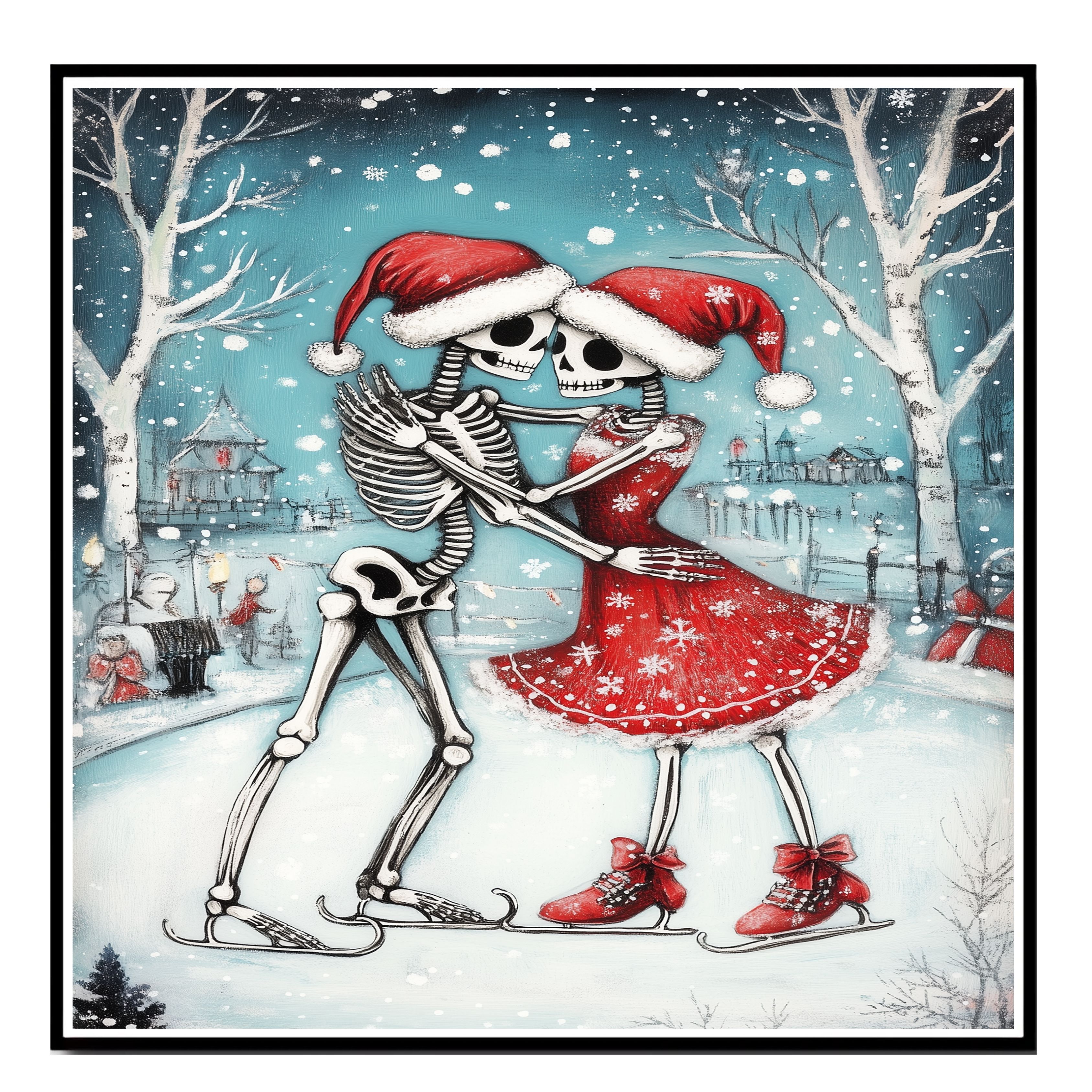 Skeleton Couple Christmas Ice Skating Art Flat Rolled, Framed Or Wrapped Canvas