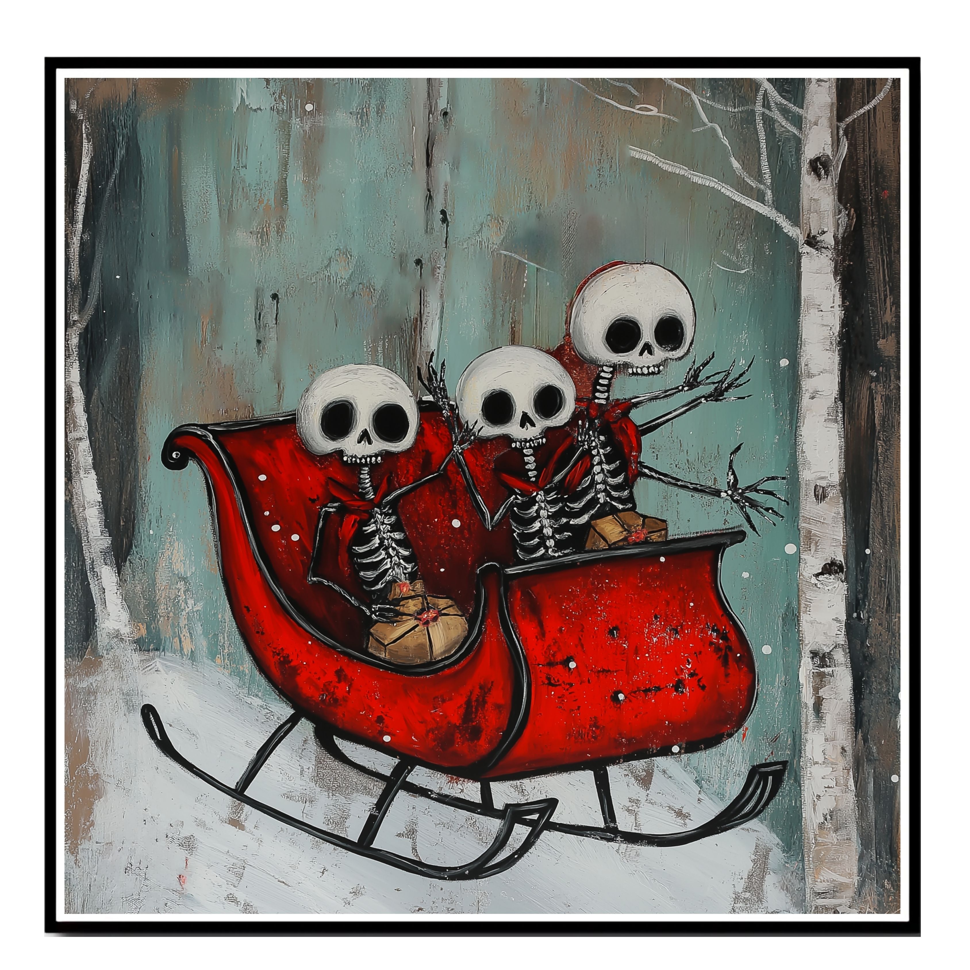 Skeleton Sleigh Ride Christmas Gothic Art Flat Rolled, Framed Or Wrapped Canvas