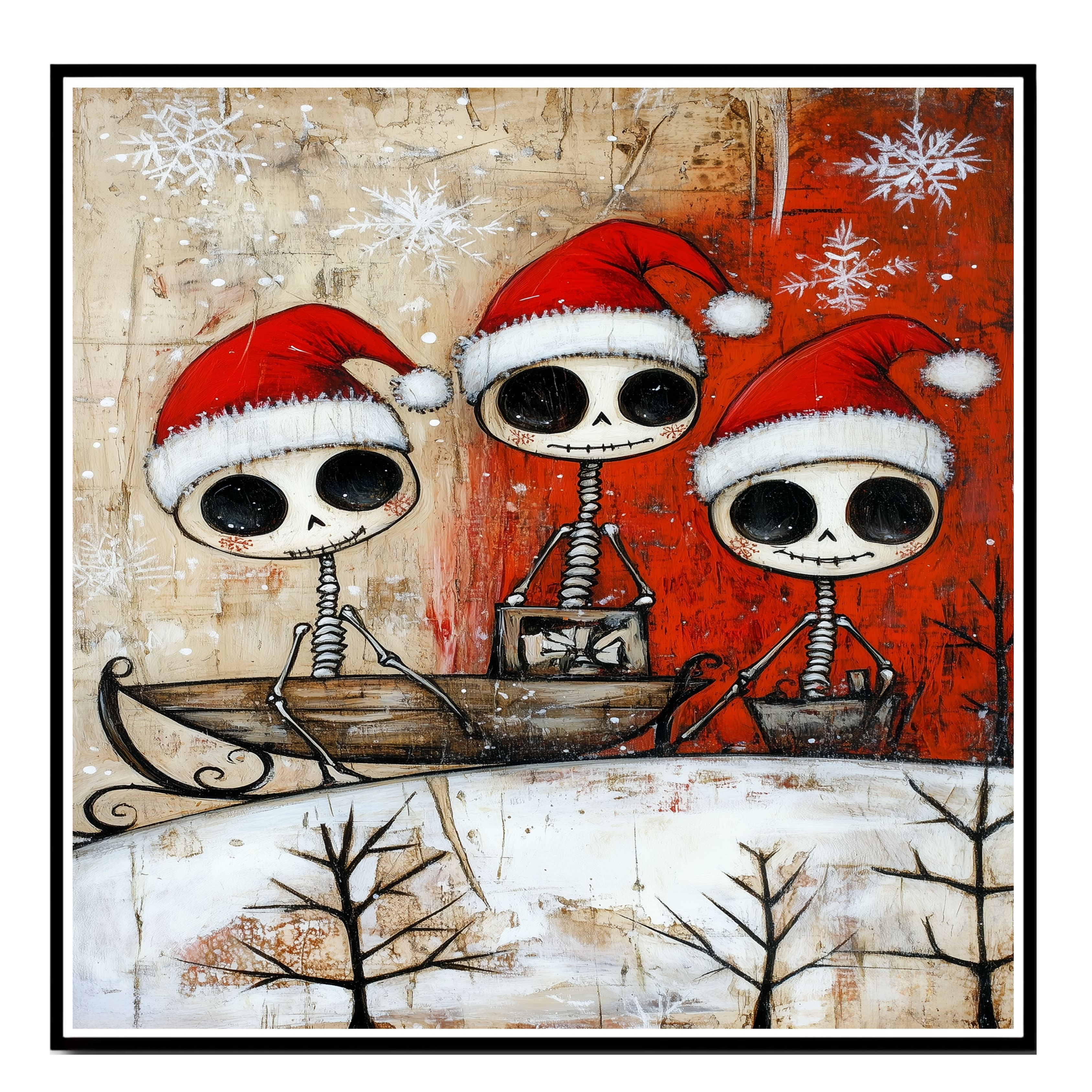 Skeleton Trio Sleigh Ride Christmas Decor Flat Rolled, Framed Or Wrapped Canvas