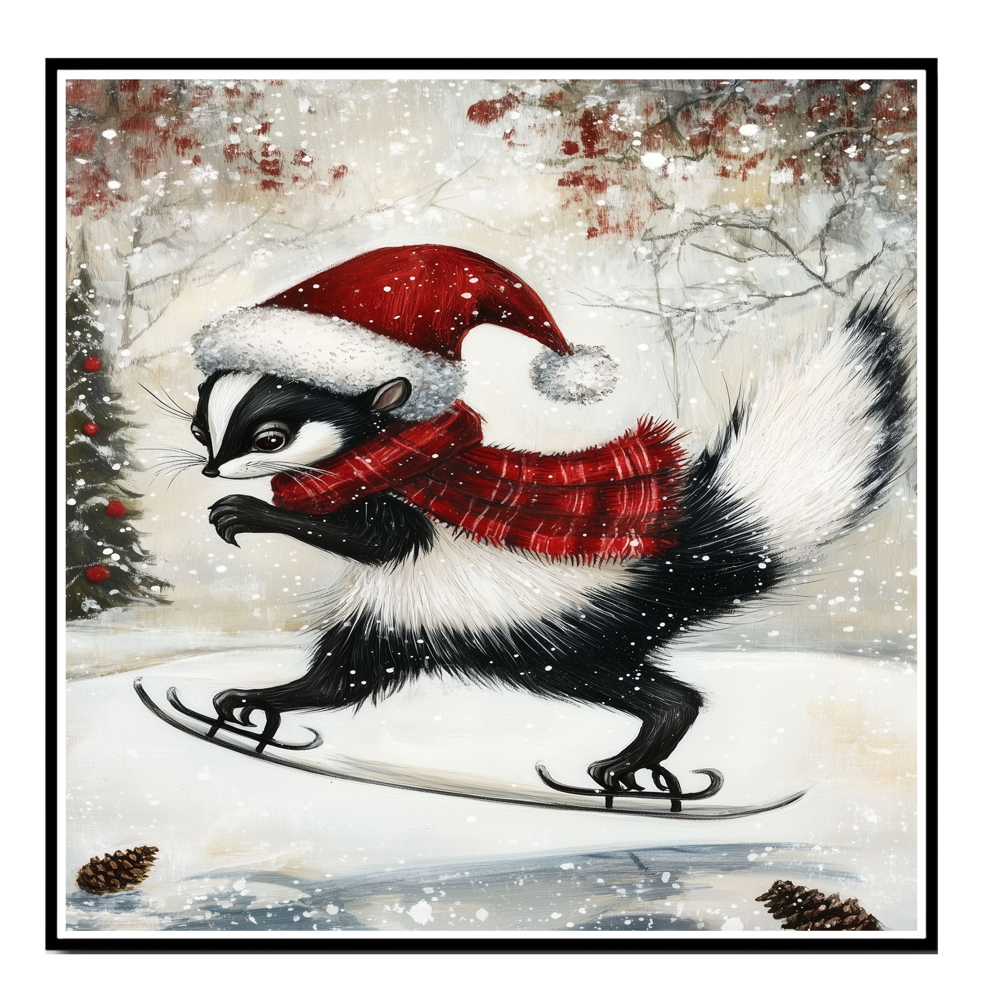 Christmas Skunk Red Plaid Scarf Winter Art Flat Rolled, Framed Or Wrapped Canvas