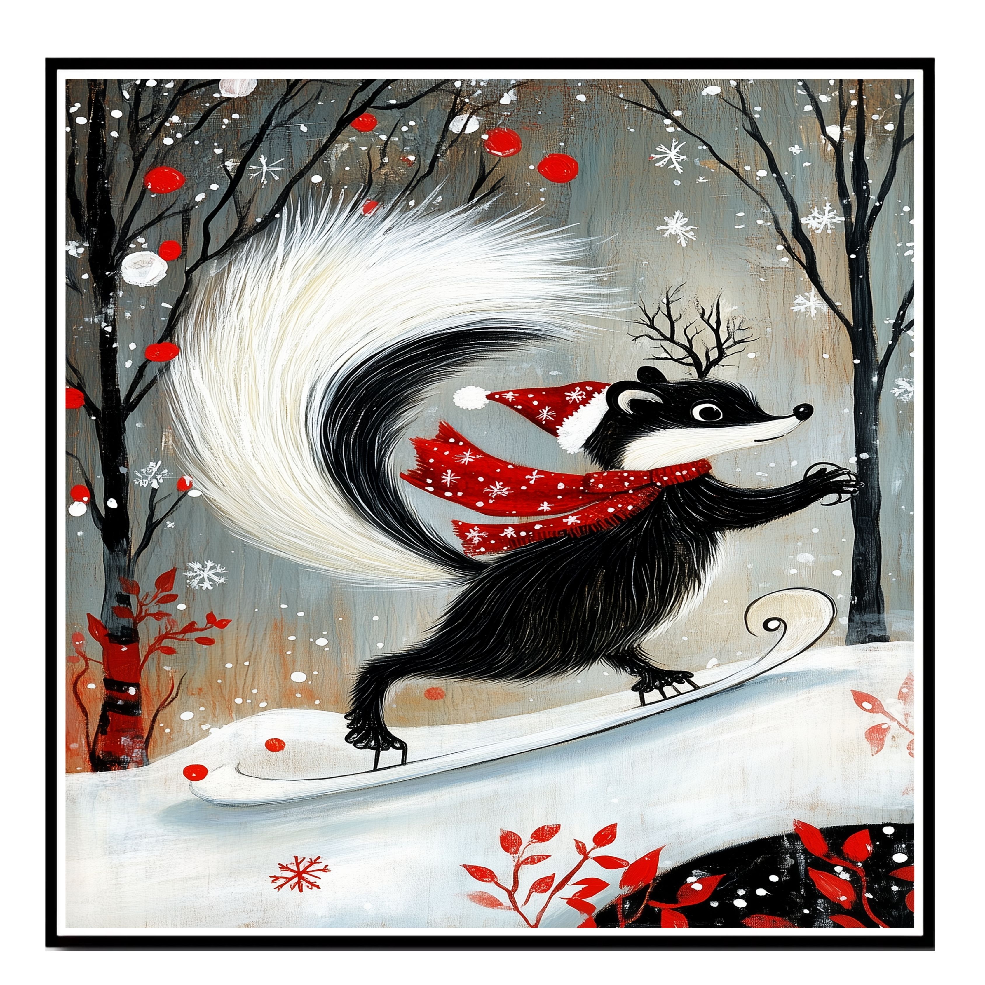 Skunk Christmas Red Scarf Santa Hat Art Flat Rolled, Framed Or Wrapped Canvas