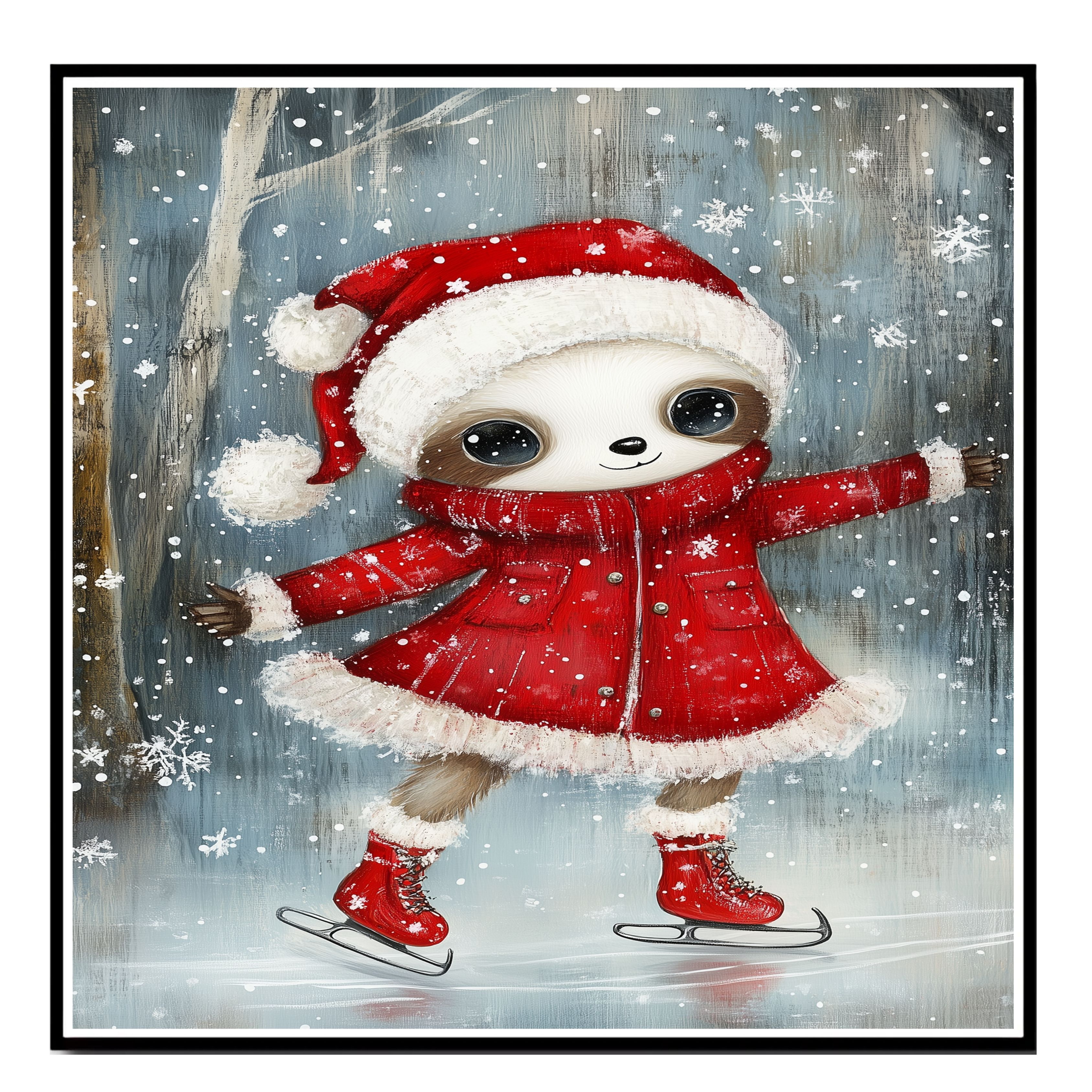 Christmas Sloth Winter Skating Red Coat Flat Rolled, Framed Or Wrapped Canvas