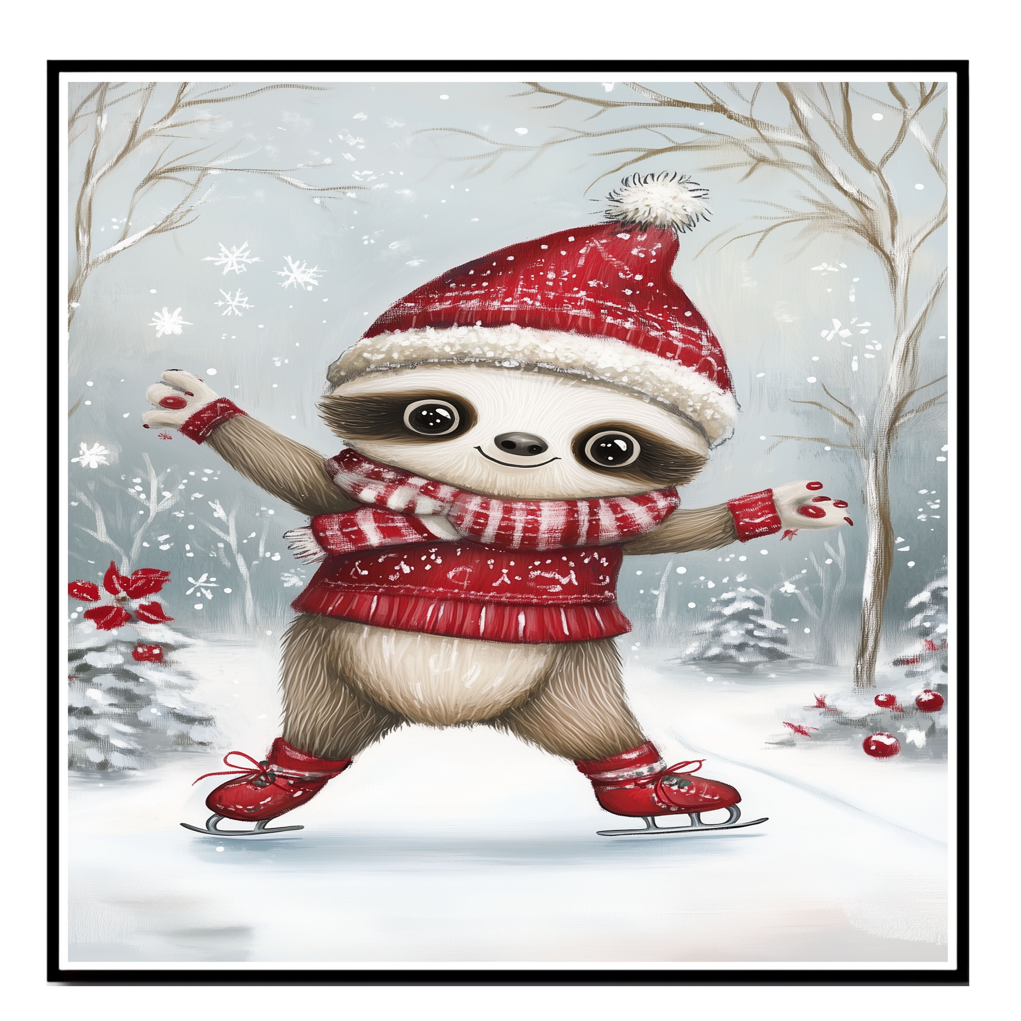 Christmas Sloth Red Sweater Winter Skating Flat Rolled, Framed Or Wrapped Canvas