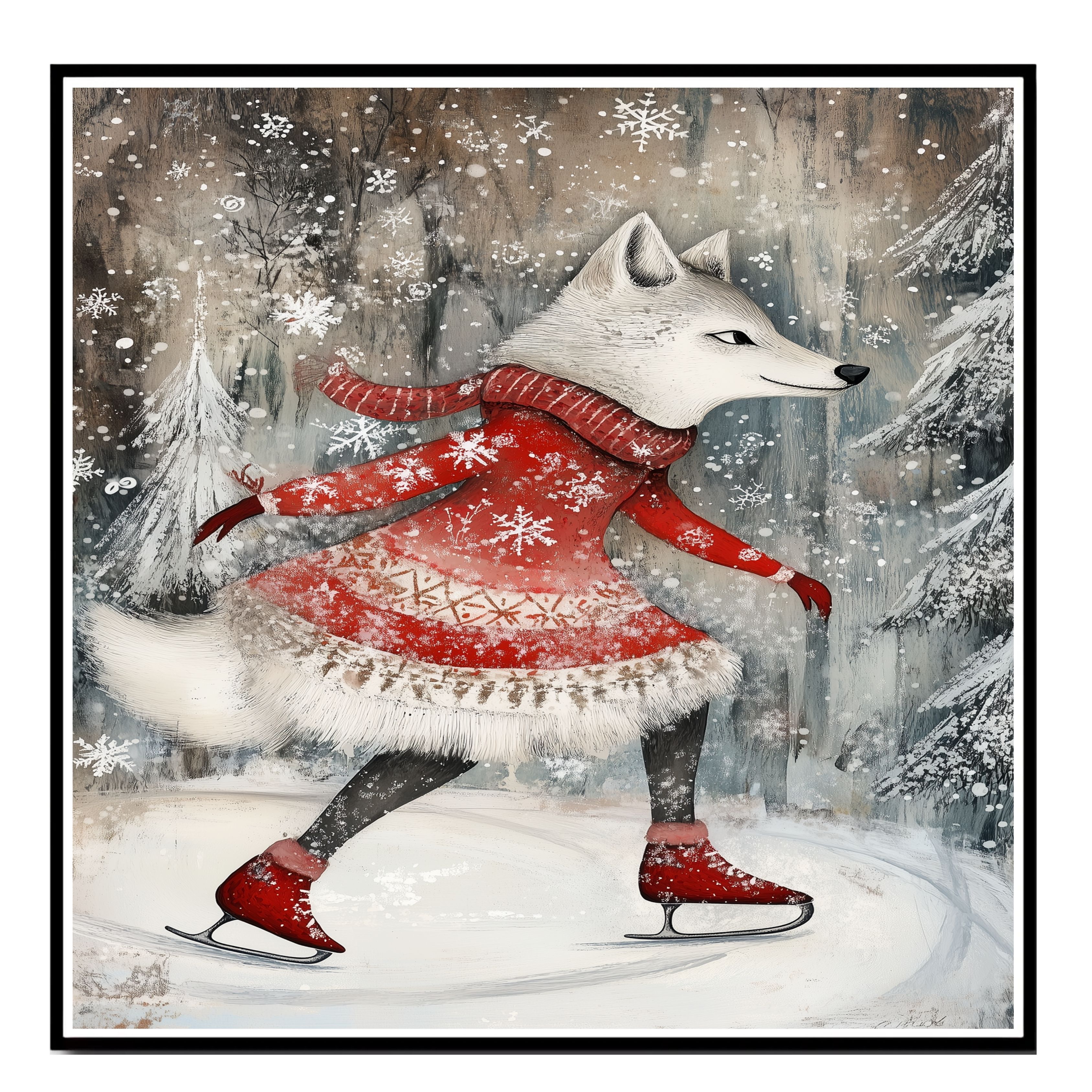 Christmas Wolf Red Dress Snow Woodland Flat Rolled, Framed Or Wrapped Canvas