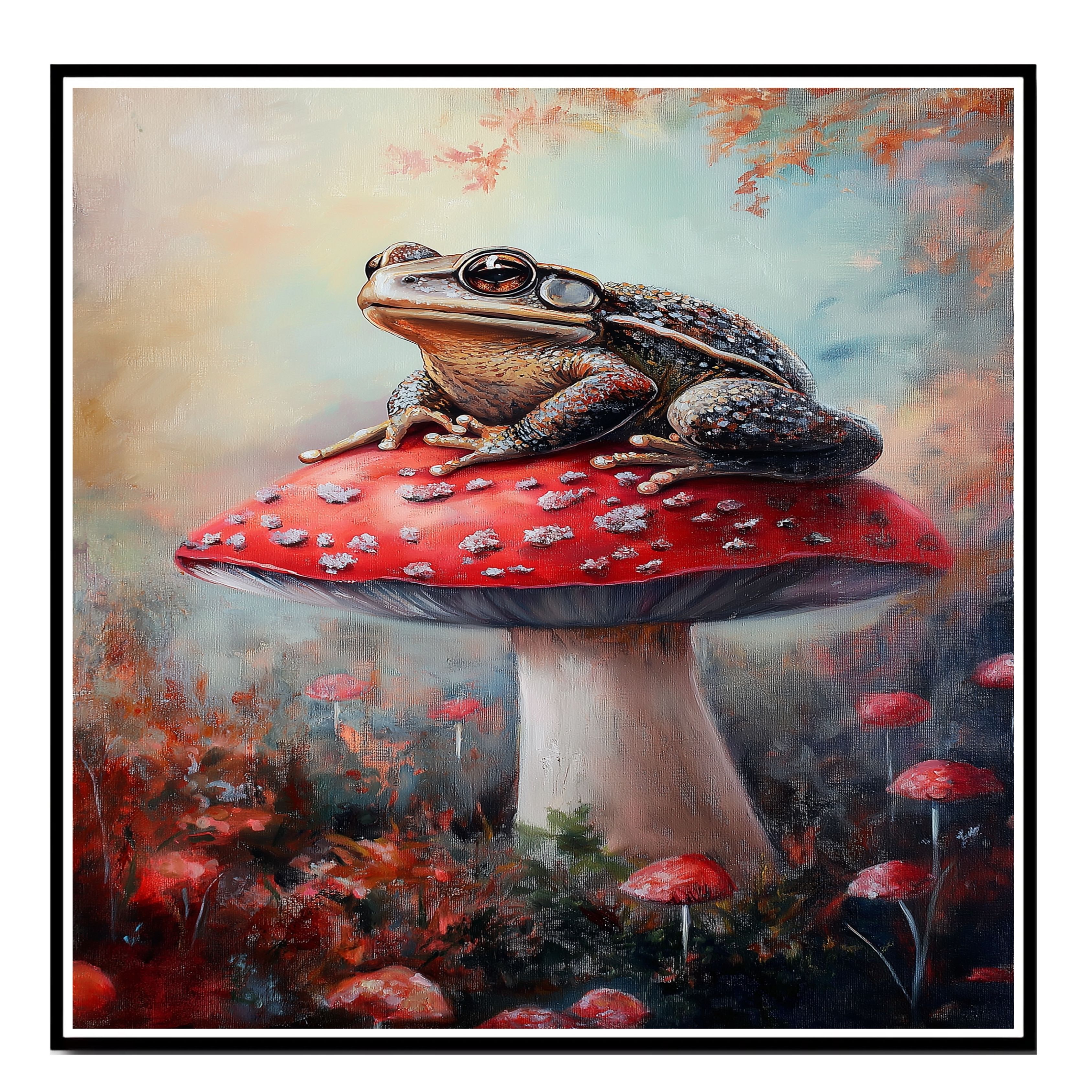 Toad On Mushroom Art Woodland Print Flat Rolled, Framed Or Wrapped Canvas