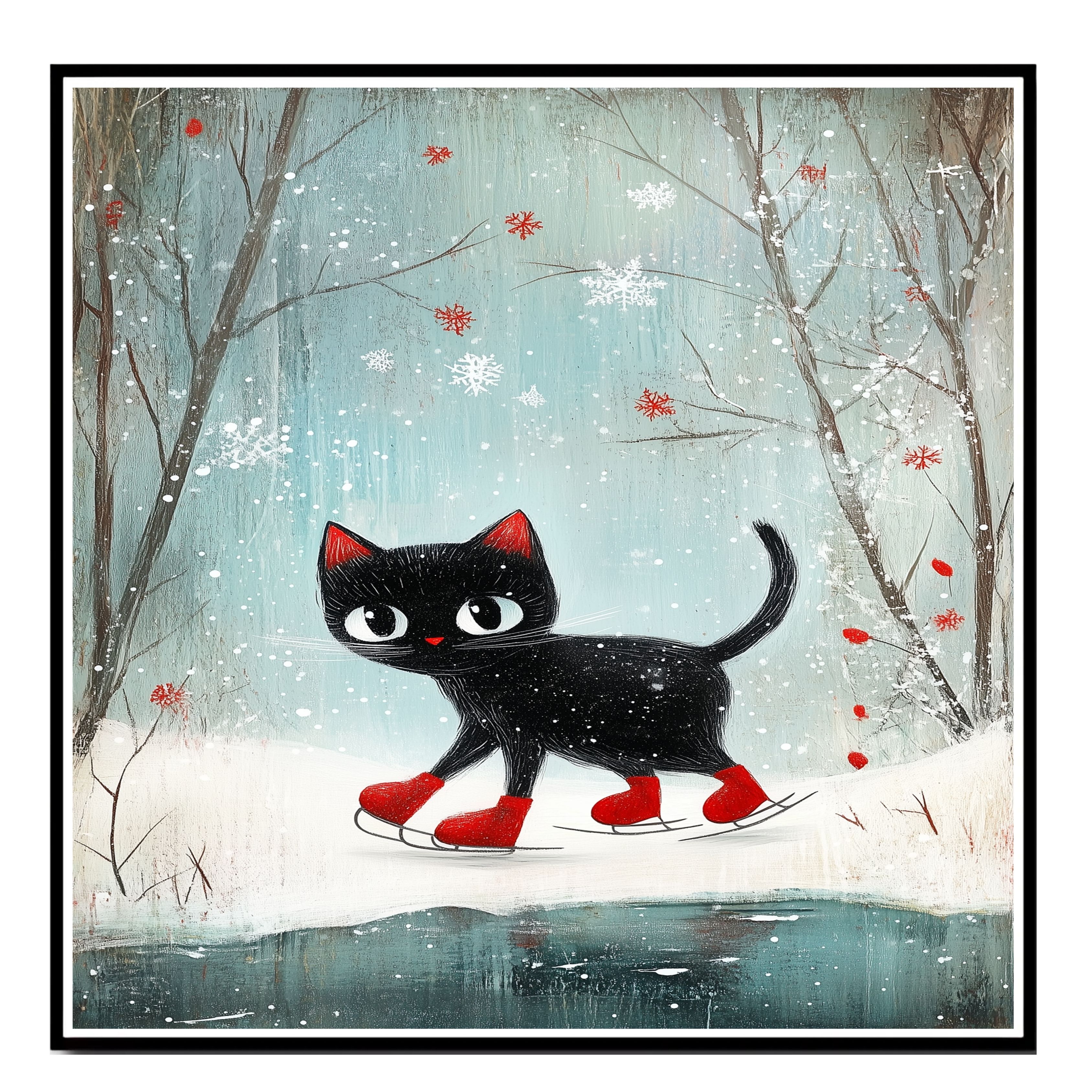 Christmas Black Cat Skating Winter Print Flat Rolled, Framed Or Wrapped Canvas