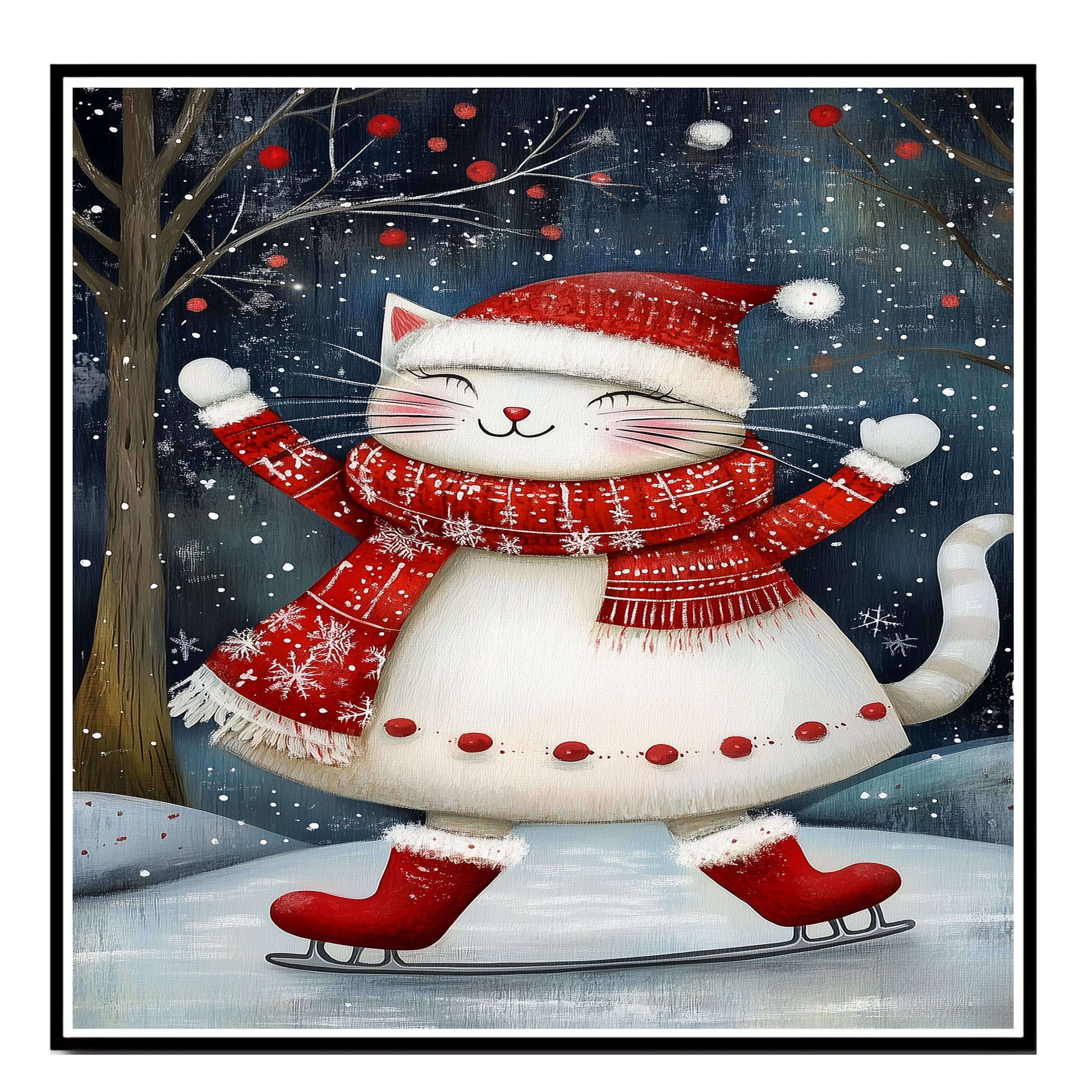 Christmas Cat Ice Skating Holiday Decor Flat Rolled, Framed Or Wrapped Canvas