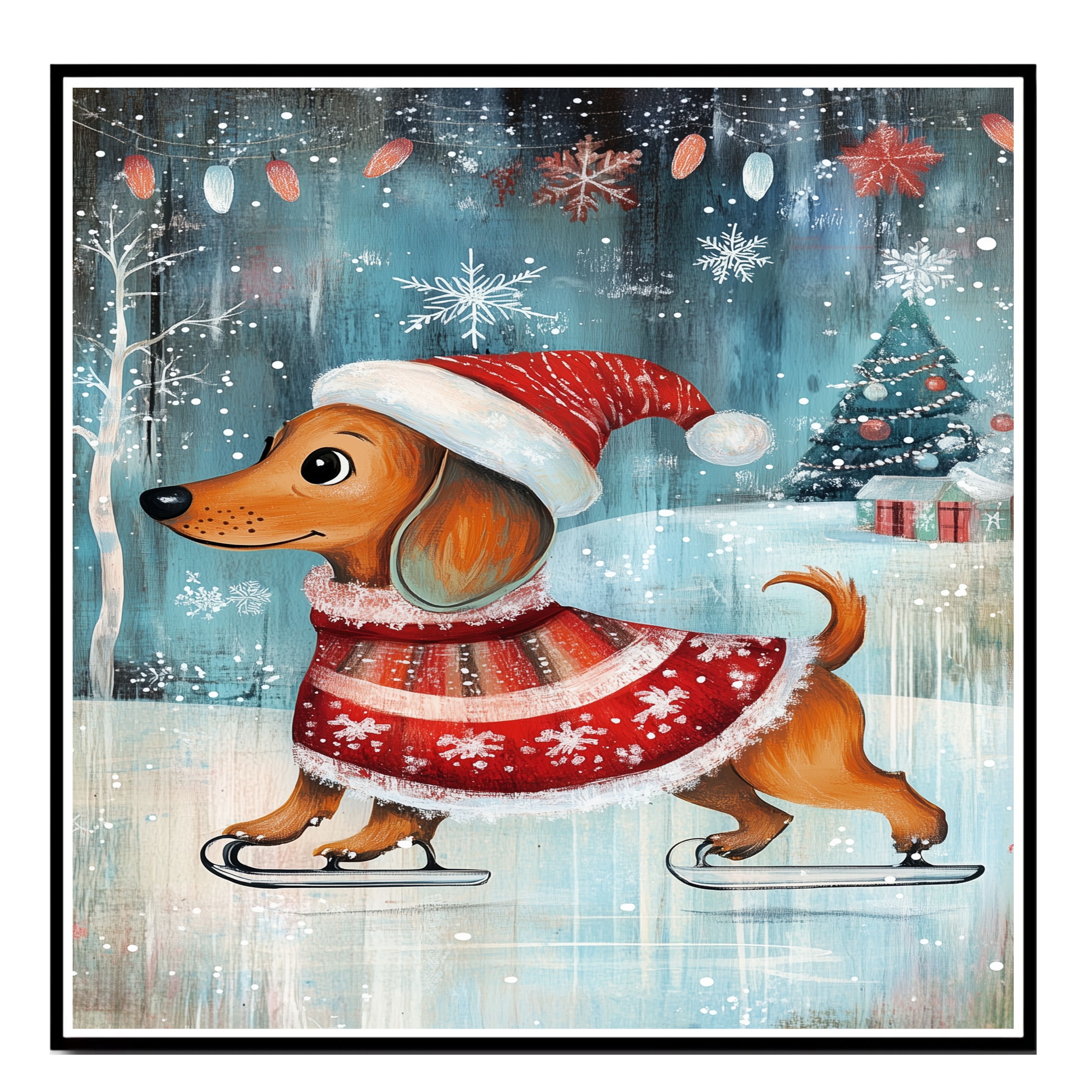 Christmas Dachshund Dog Ice Skating Art Flat Rolled, Framed Or Wrapped Canvas